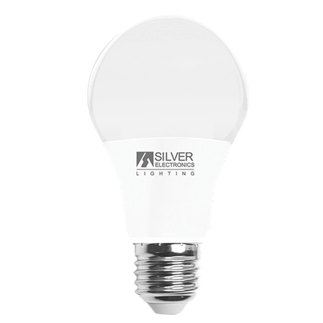 Una lampadina LED bianca con base argentata. La lampadina ha un logo che dice 'Silver Electronics Lighting'.