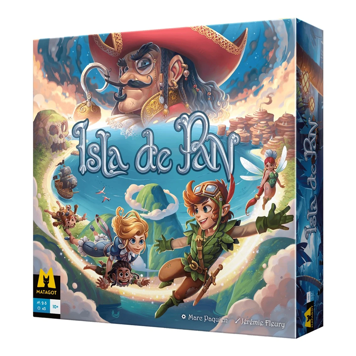 Grafika pudełka gry planszowej "Isla de Pan". Przedstawia Piotrusia Pana, Kapitana Haka i inne postacie na wyspie. Jasne kolory i styl kreskówkowy.