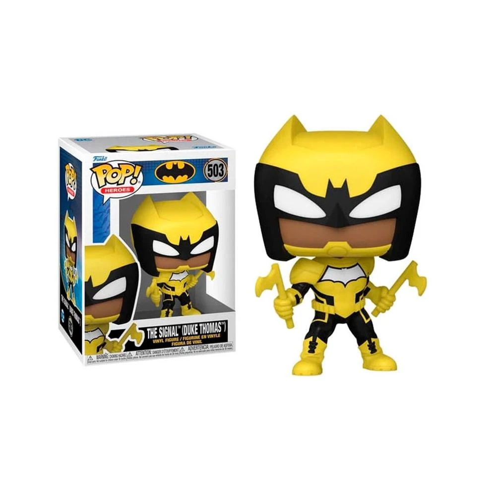 Una figura Funko Pop amarilla y negra de The Signal, con dos hachas amarillas, junto a su caja.
