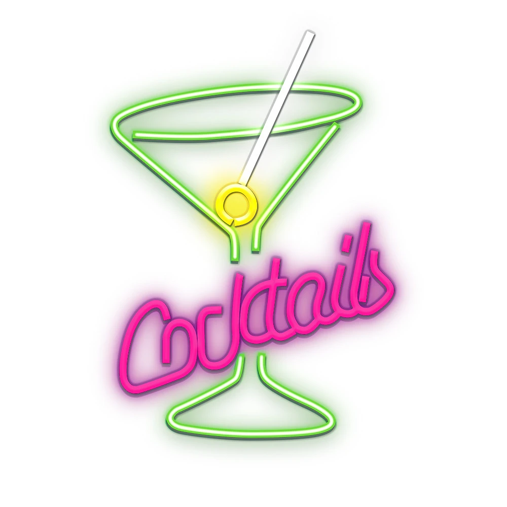 Neonschild eines Cocktailglases mit der Aufschrift 'Cocktails' darunter. Das Glas ist grün mit einem Strohhalm und einer gelben Olive.