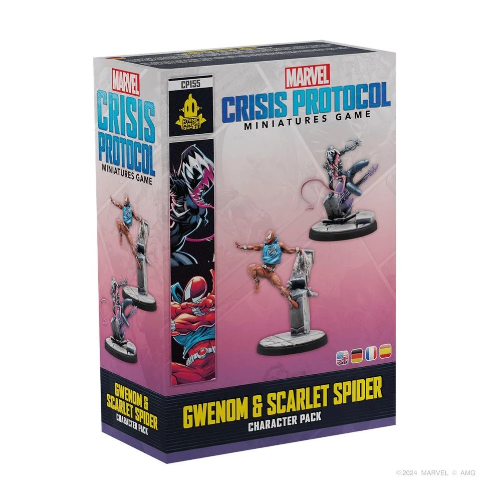 Arte de la caja de un juego de miniaturas Marvel Crisis Protocol, con Gwenom y Scarlet Spider. La caja es blanca, con arte de cómic.