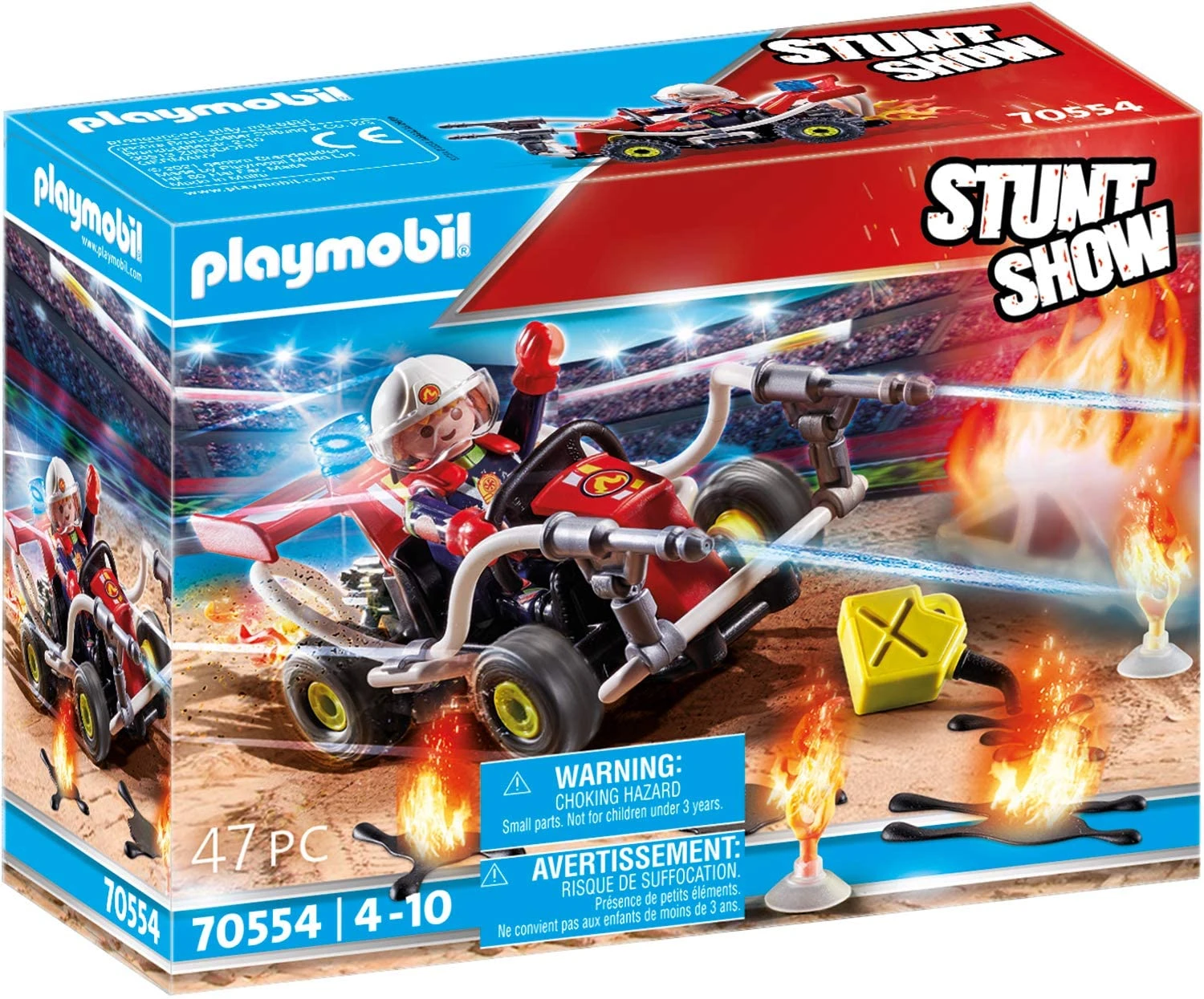 Playmobil Stunt-Show-Box. Eine Spielfigur auf einem Motorrad, umgeben von Flammen. Enthält eine Warnung vor Erstickungsgefahr.