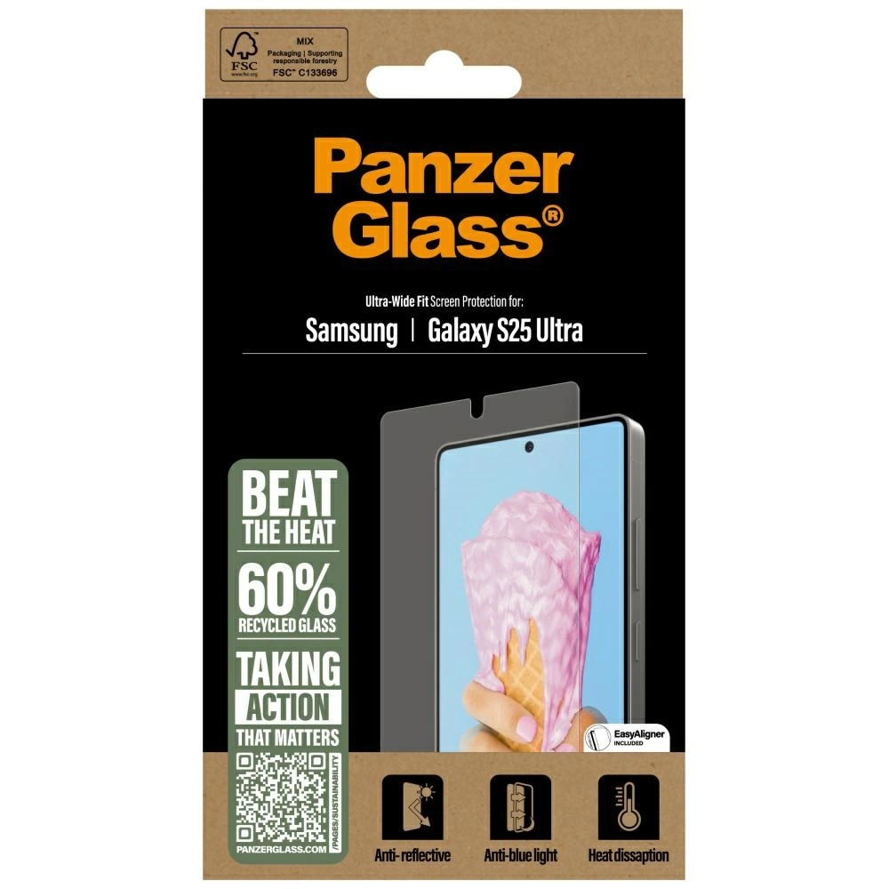 Opakowanie ochraniacza ekranu Panzer Glass. Pokazuje telefon z różowymi lodami i szczegółami jego funkcji.