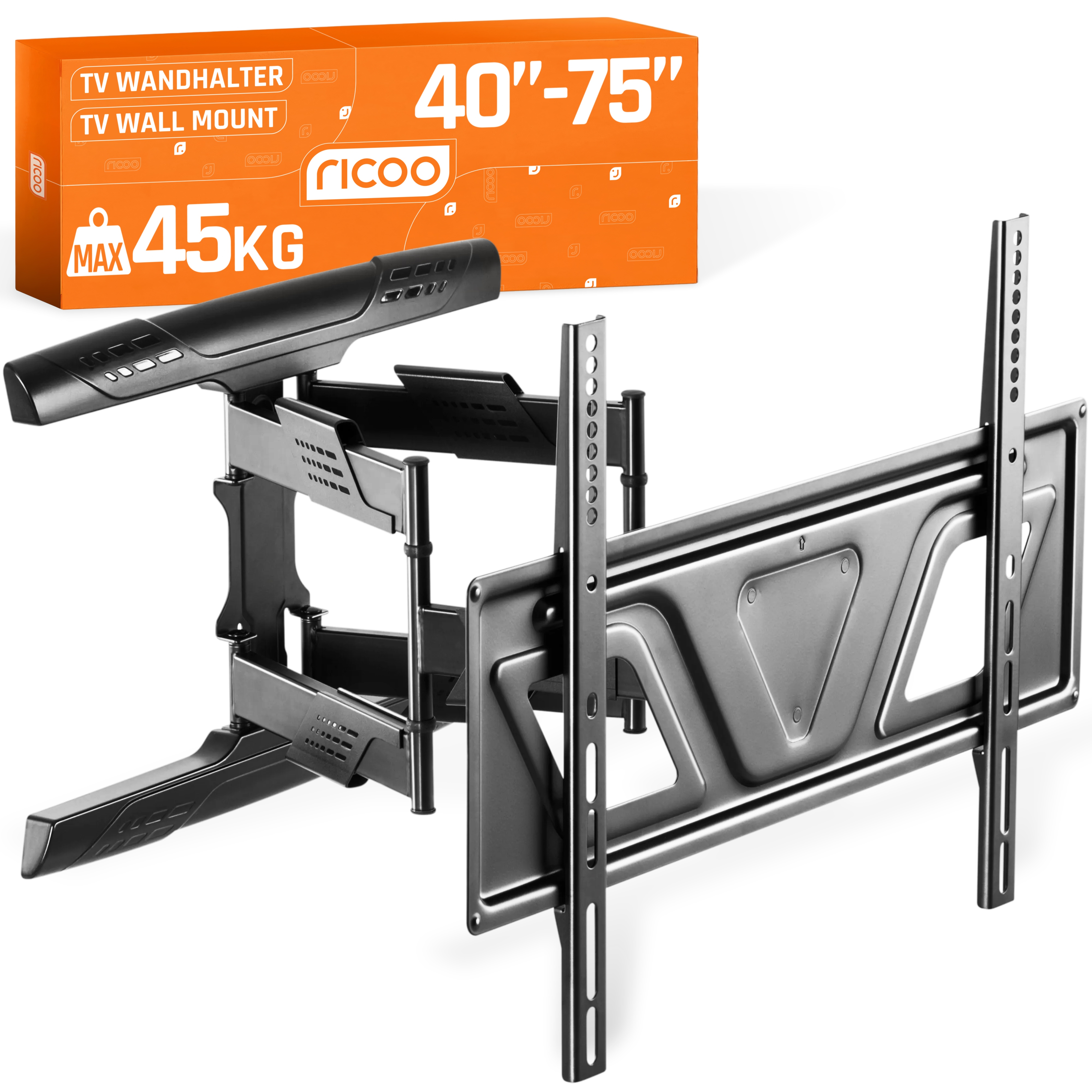 Eine schwarze TV-Wandhalterung mit einer orangefarbenen Box. Auf der Box steht "TV WALL MOUNT" und "40"-75"". Die Halterung trägt 45 kg.
