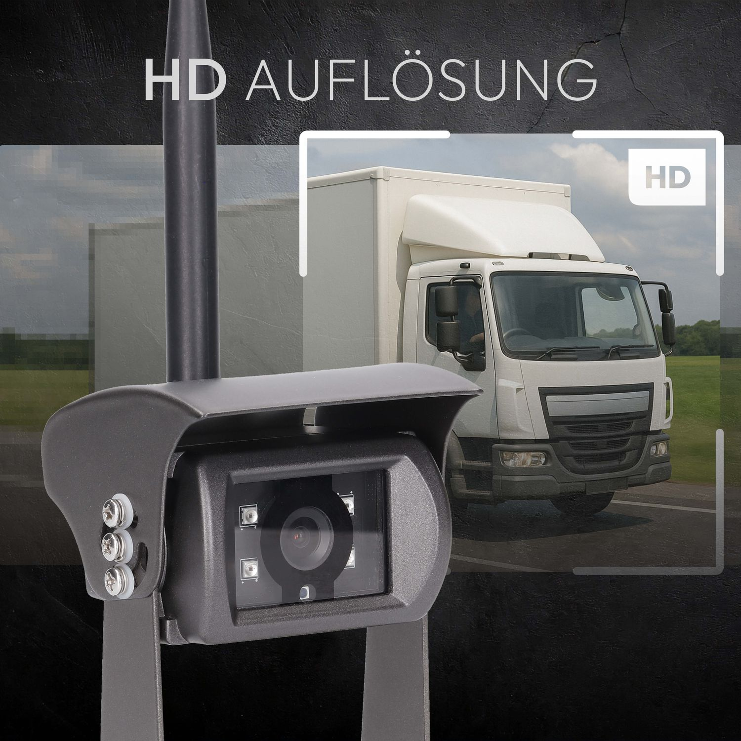 Nahaufnahme einer schwarzen Kamera mit einem LKW im Hintergrund. HD-Auflösungstext steht über dem LKW.