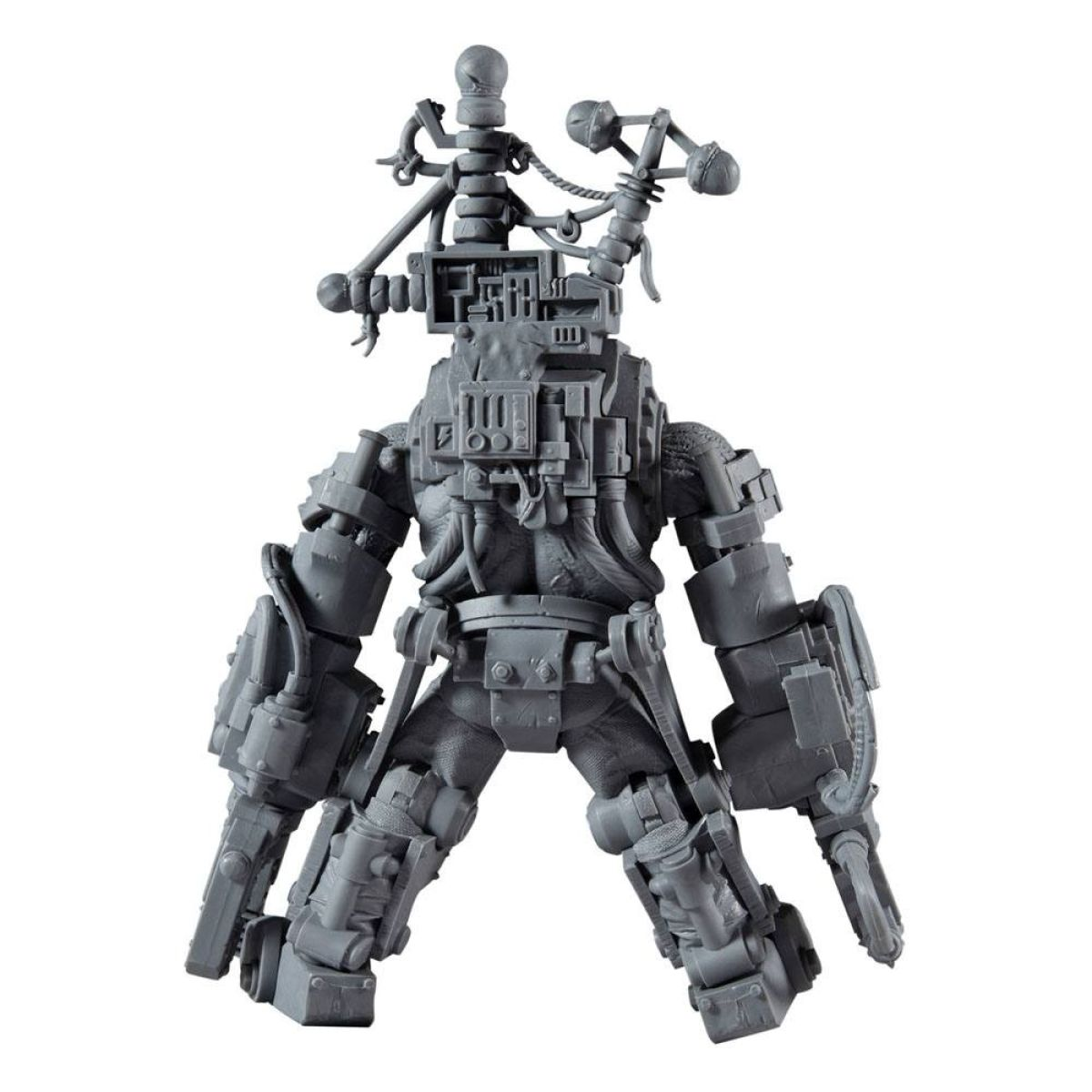 Eine graue, mechanische humanoide Figur mit detaillierten Komponenten, Antennen und blockförmigen Gliedmaßen steht vor weißem Hintergrund.