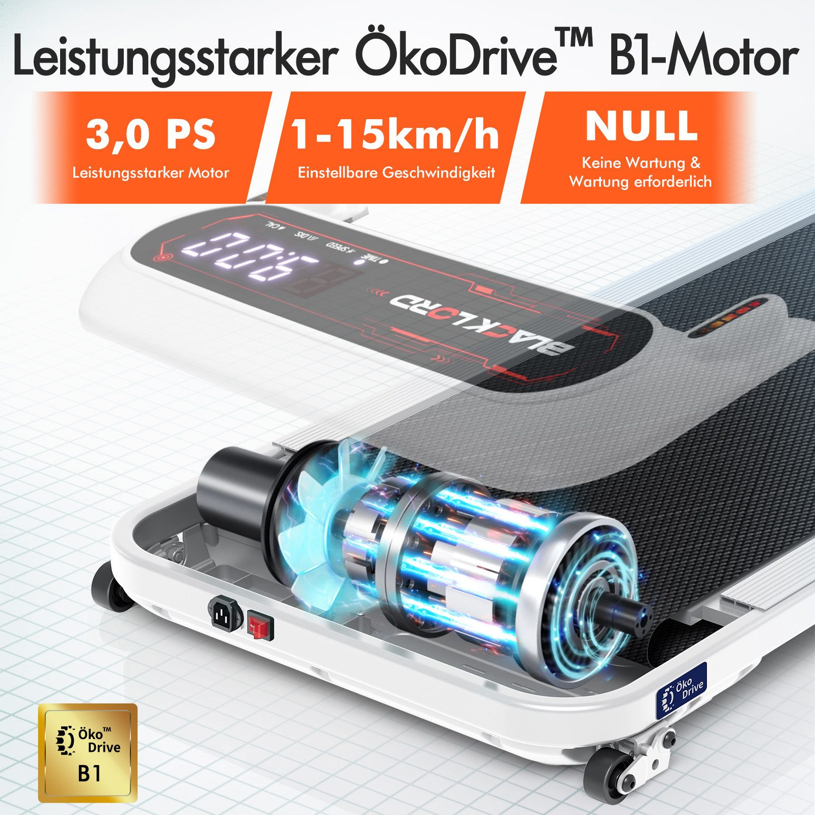 Detail des Laufbandmotors. Anzeigen, Geschwindigkeit und Motorkomponenten. Textelemente umfassen Geschwindigkeit, Leistung und Wartung.