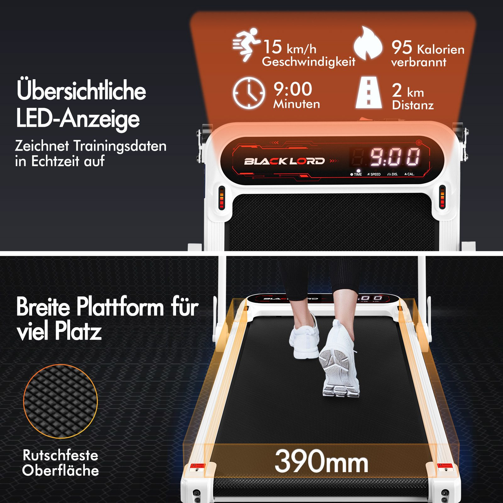 Laufband mit Person, zeigt Geschwindigkeit, Zeit, Distanz und verbrannte Kalorien. Schwarz-weißes Design.