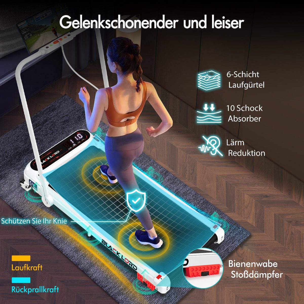 Eine Frau läuft auf einem Laufband. Das Laufband hat einen Bildschirm und zeigt Informationen an. Text auf dem Bild enthält 'Black Lord' und deutsche Sätze.