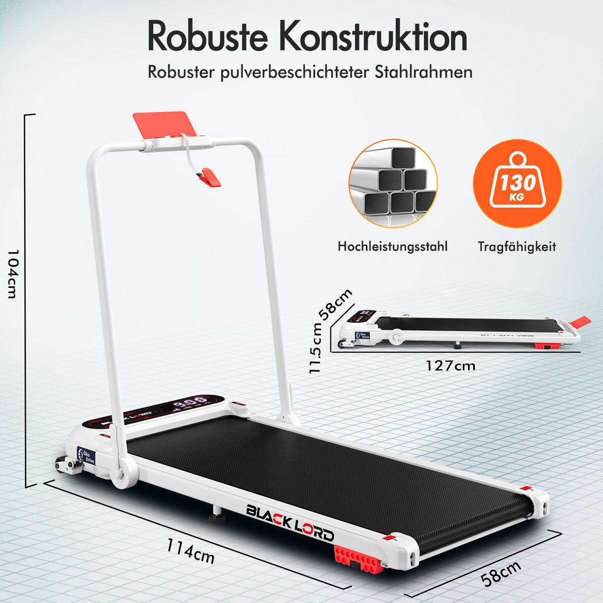 Ein weißes und schwarzes Laufband mit beschrifteten Abmessungen. Text enthält 'Robuste Konstruktion' und '130 KG Kapazität'.