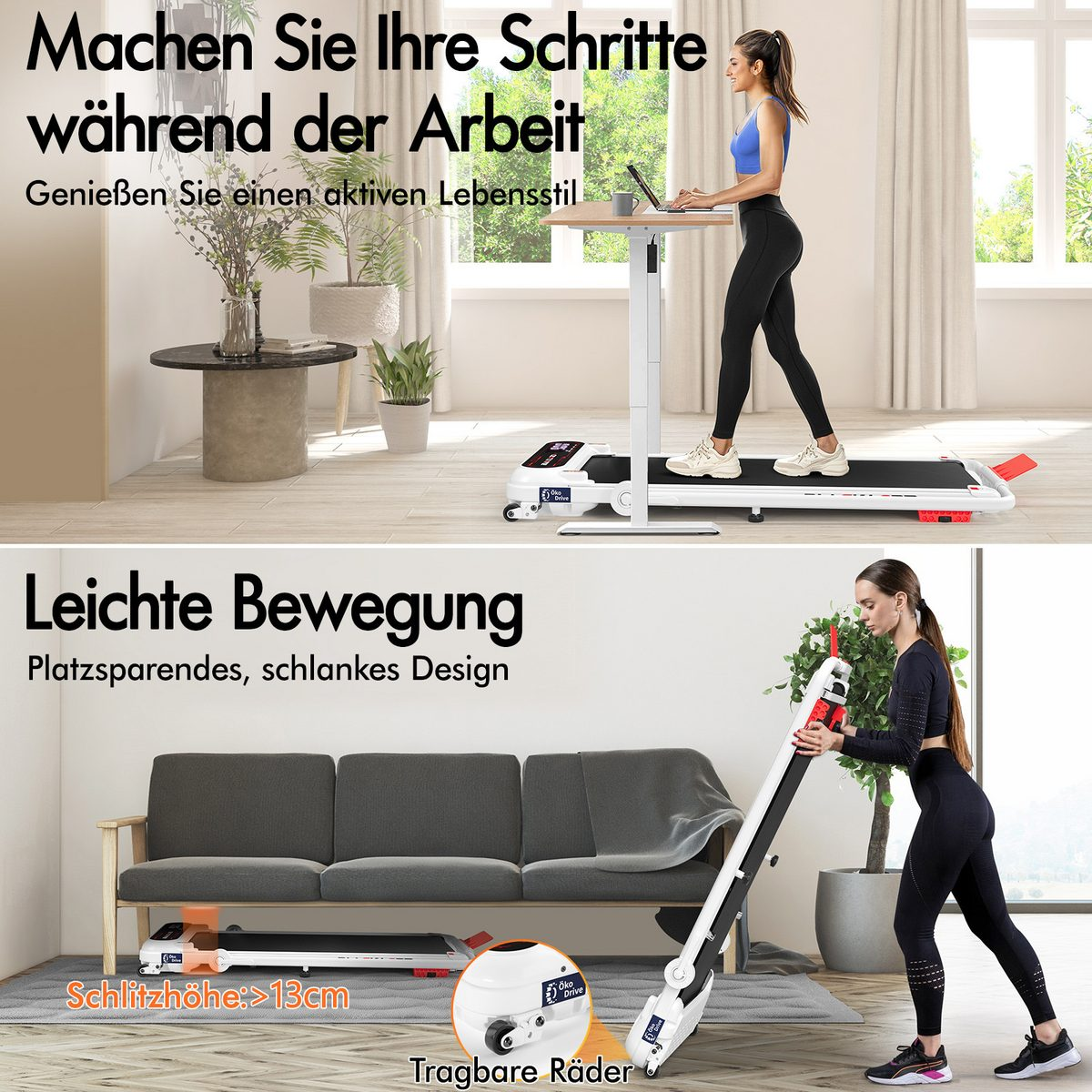 Eine Frau geht auf einem Laufband-Schreibtisch. Eine andere Frau faltet ein Laufband. Text: Mache deine Schritte während der Arbeit, leichte Bewegung.