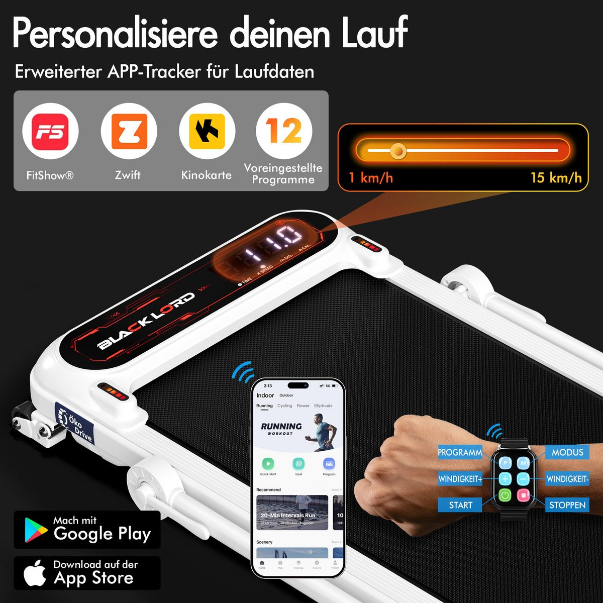 Laufband mit Anzeige von Geschwindigkeit und Zeit. Ein Telefon und eine Smartwatch zeigen Fitnessdaten an.