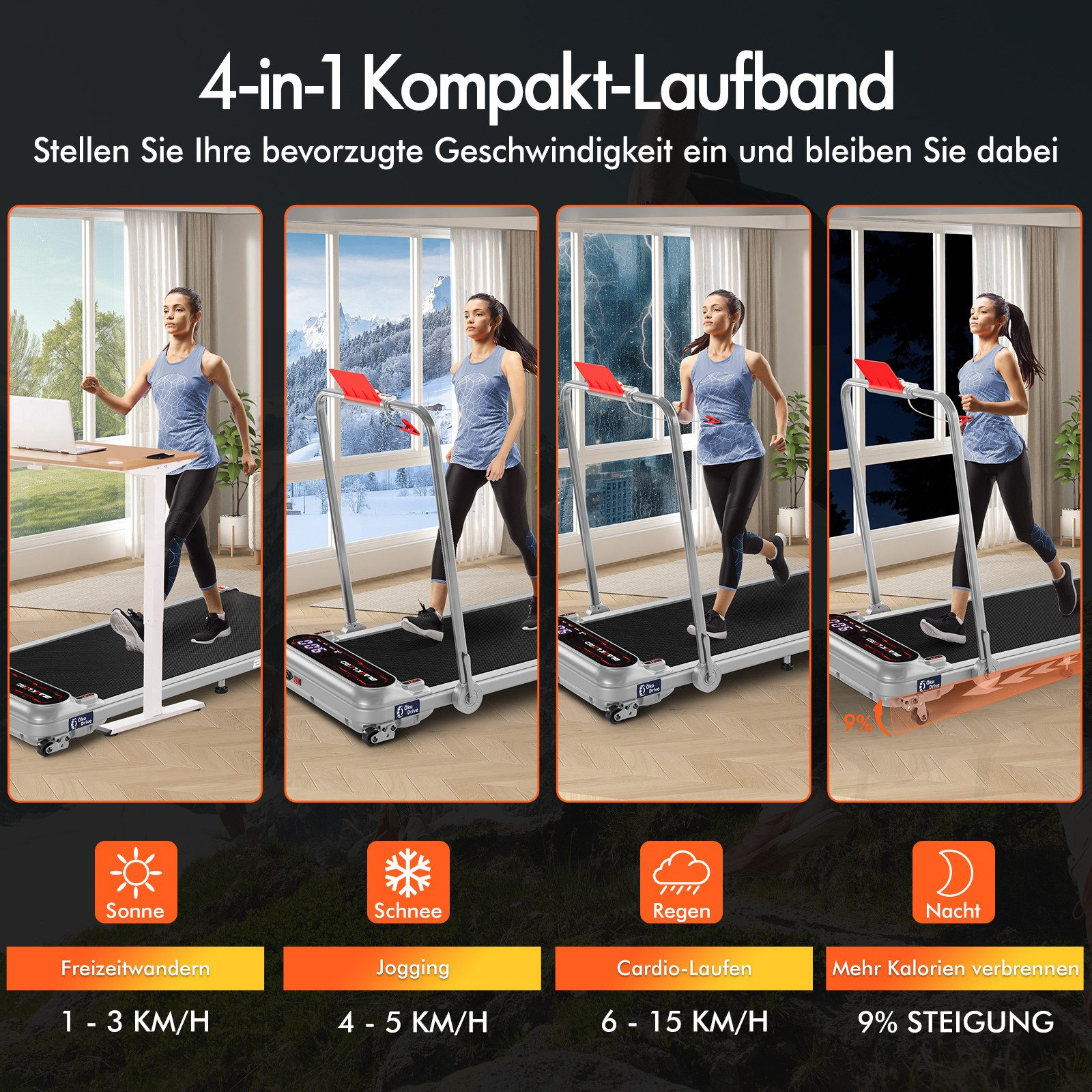 Eine Frau läuft auf einem Laufband. Das Bild zeigt verschiedene Wetter- und Geschwindigkeitseinstellungen, das 4-in-1 Kompakt-Laufband.
