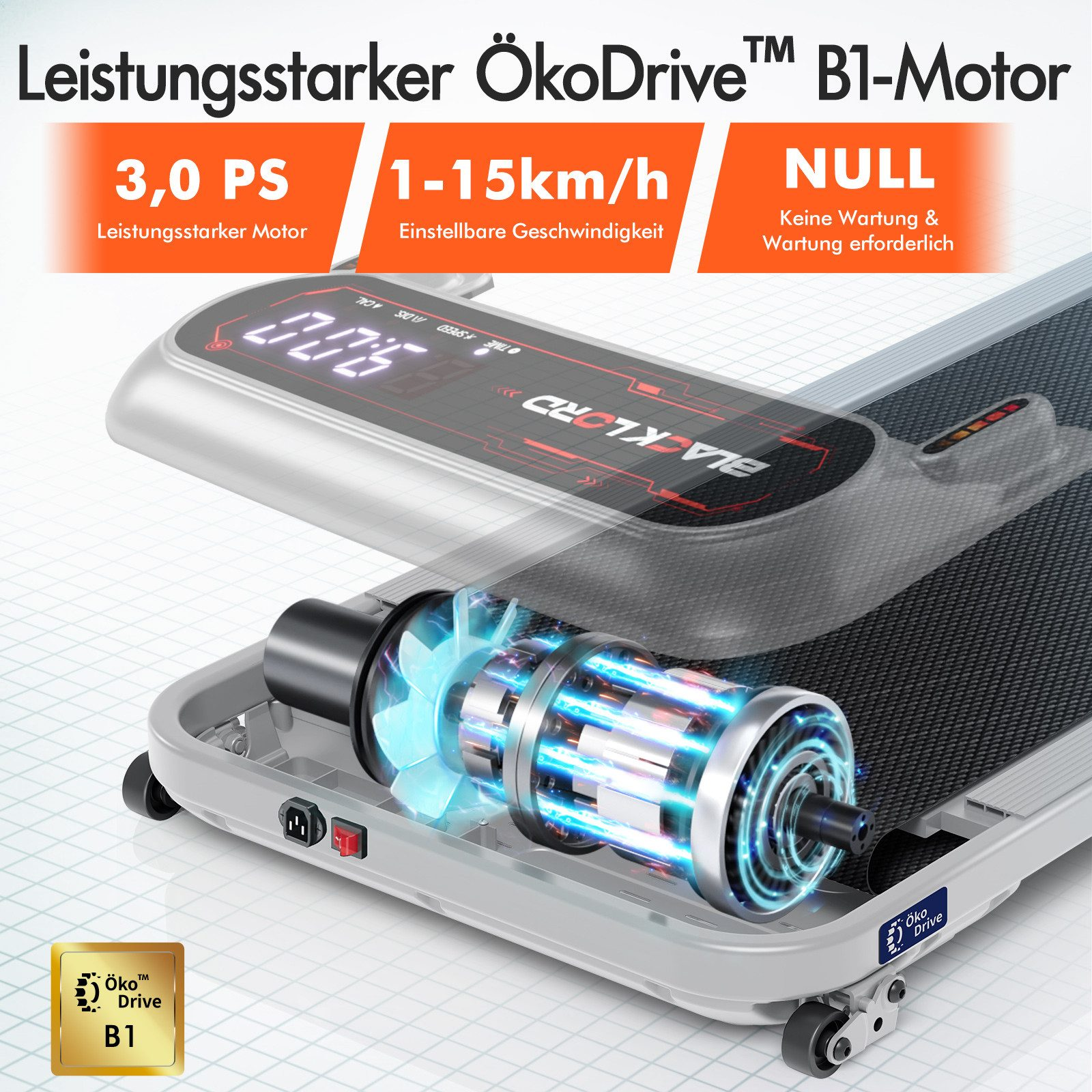 Ein Laufband mit Ansicht des Motors. Text zeigt Geschwindigkeit, Leistung und den Namen des Motors.