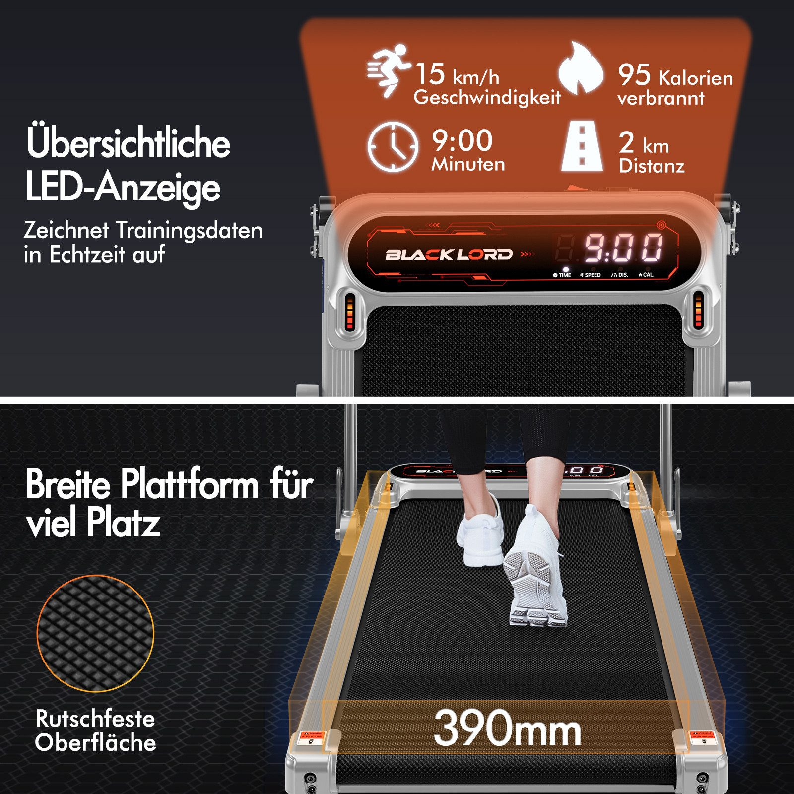 Laufband mit Anzeige von Zeit, Geschwindigkeit, Distanz und verbrannten Kalorien. Eine Person geht darauf.