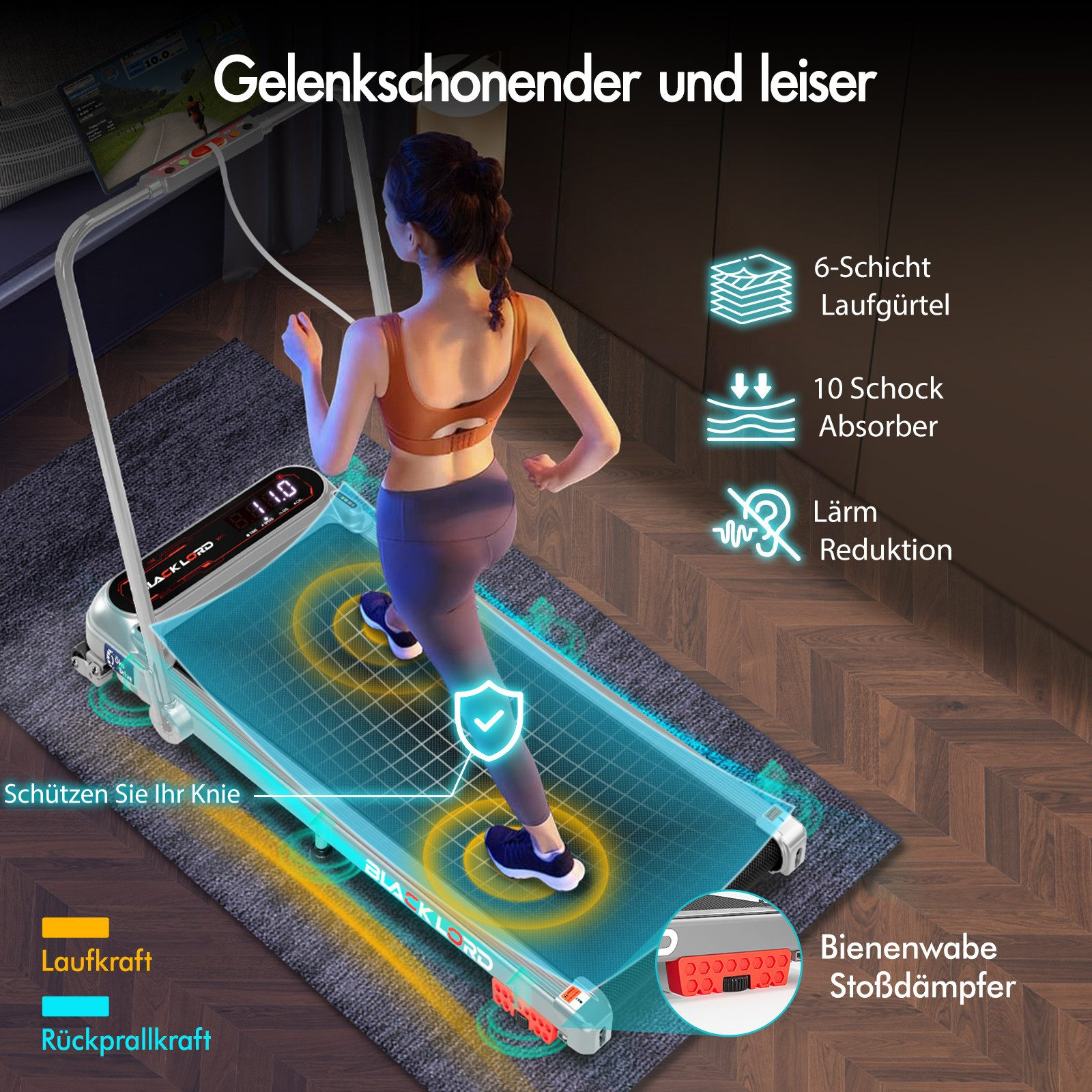 Eine Frau läuft auf einem Laufband. Das Laufband hat eine Digitalanzeige und ist mit 'BLACK LORD' beschriftet. Das Bild wirbt für Knieschutz.