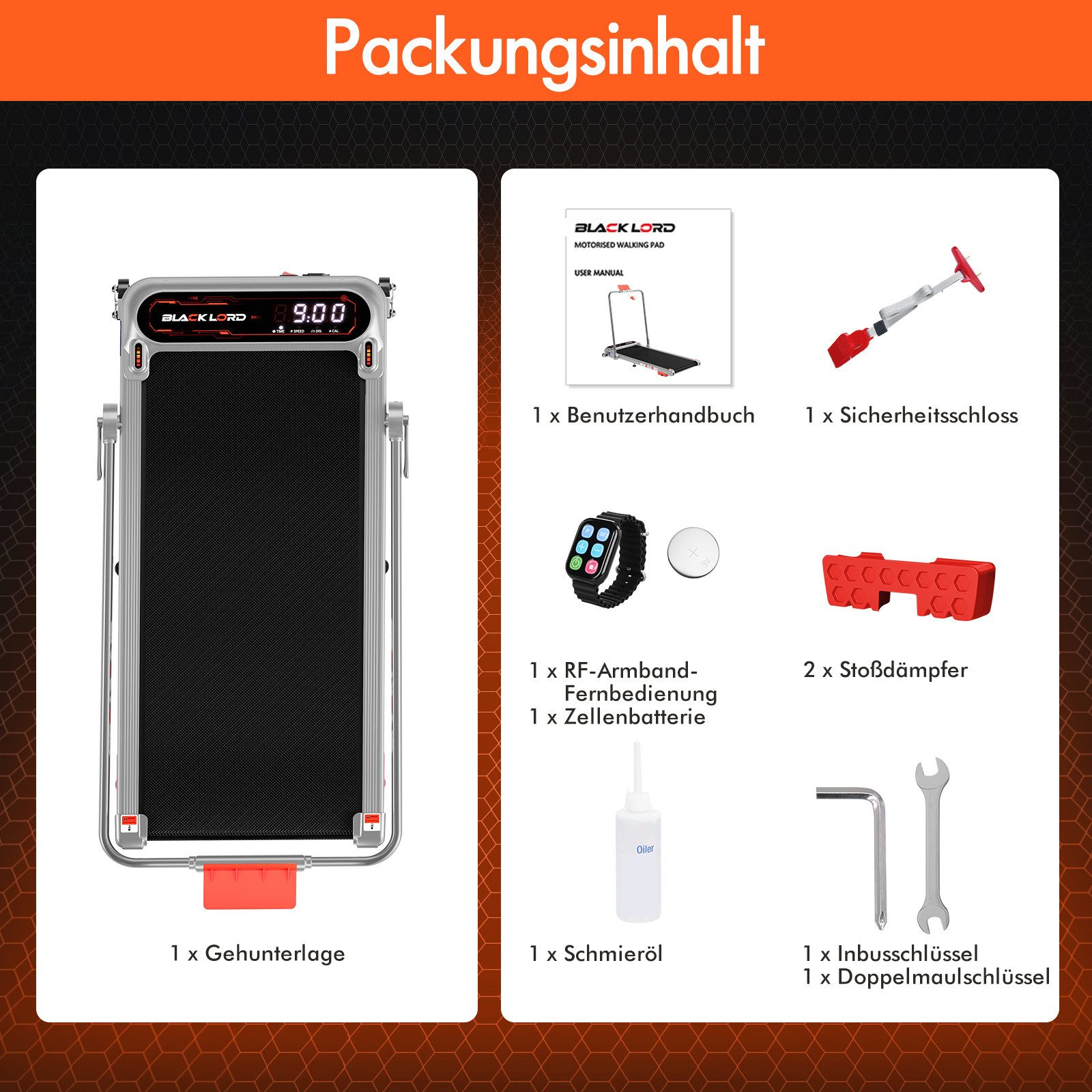 Das Bild zeigt Laufbandkomponenten: Walking Pad, Handbuch, Fernbedienung, Batterie, Stoßdämpfer, Öl und Werkzeuge.
