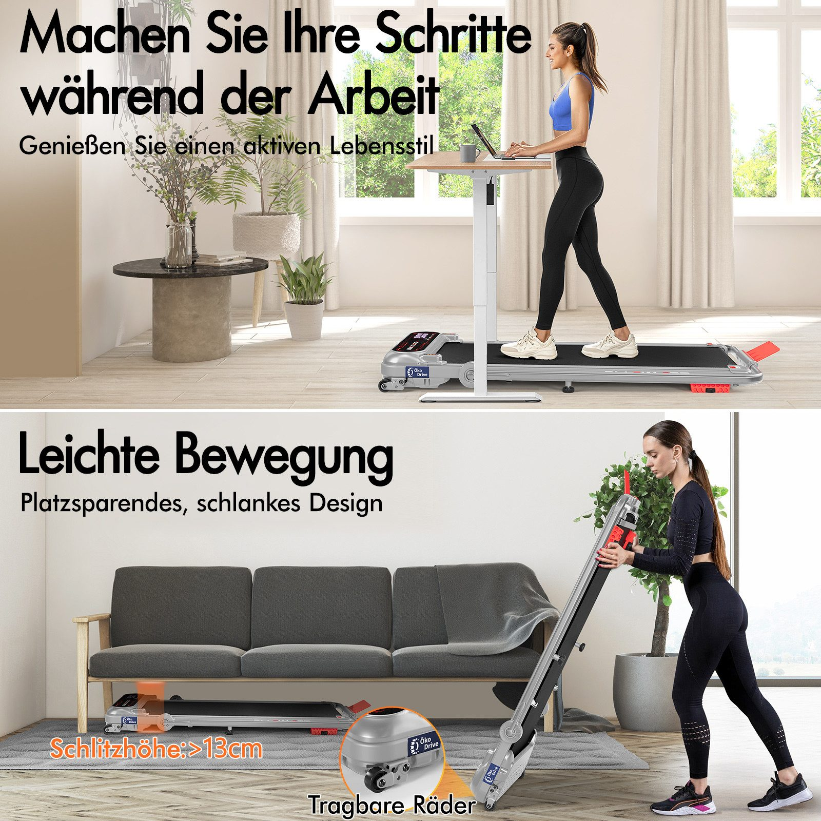 Eine Frau geht während der Arbeit auf einem Laufband. Eine andere Frau faltet ein Laufband. Das Bild wirbt für einen aktiven Lebensstil.