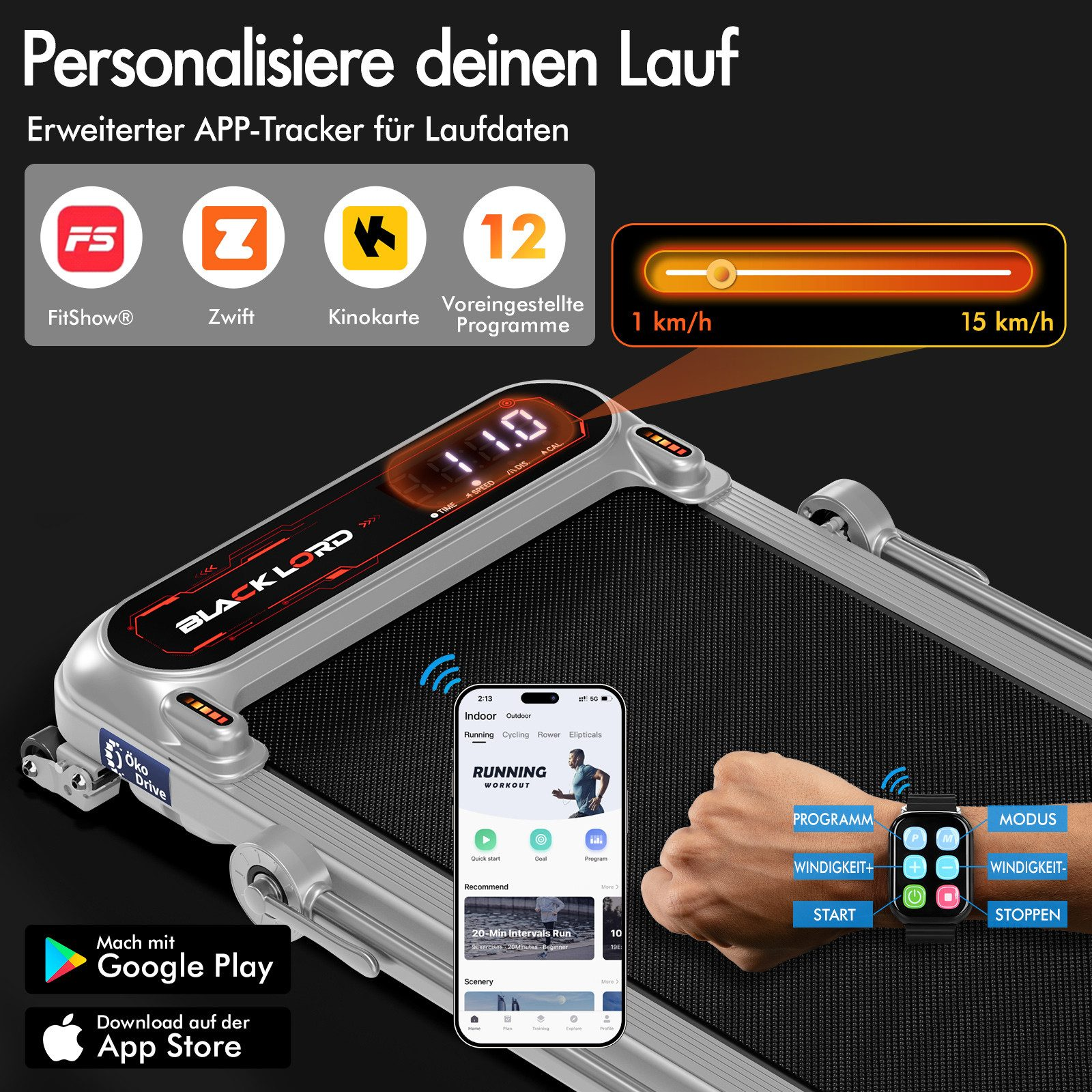 Laufband mit Bildschirm, der Geschwindigkeit anzeigt, App auf dem Telefon, Smartwatch und Fitness-App-Logos.