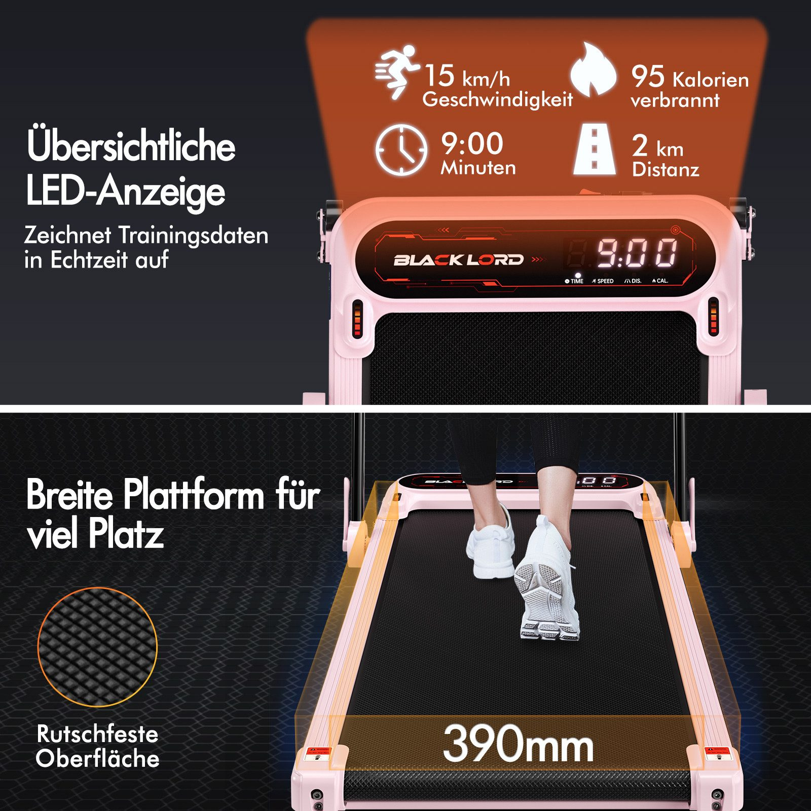 Laufband mit Anzeige von Geschwindigkeit, Zeit, Distanz und verbrannten Kalorien. Eine Person geht darauf.