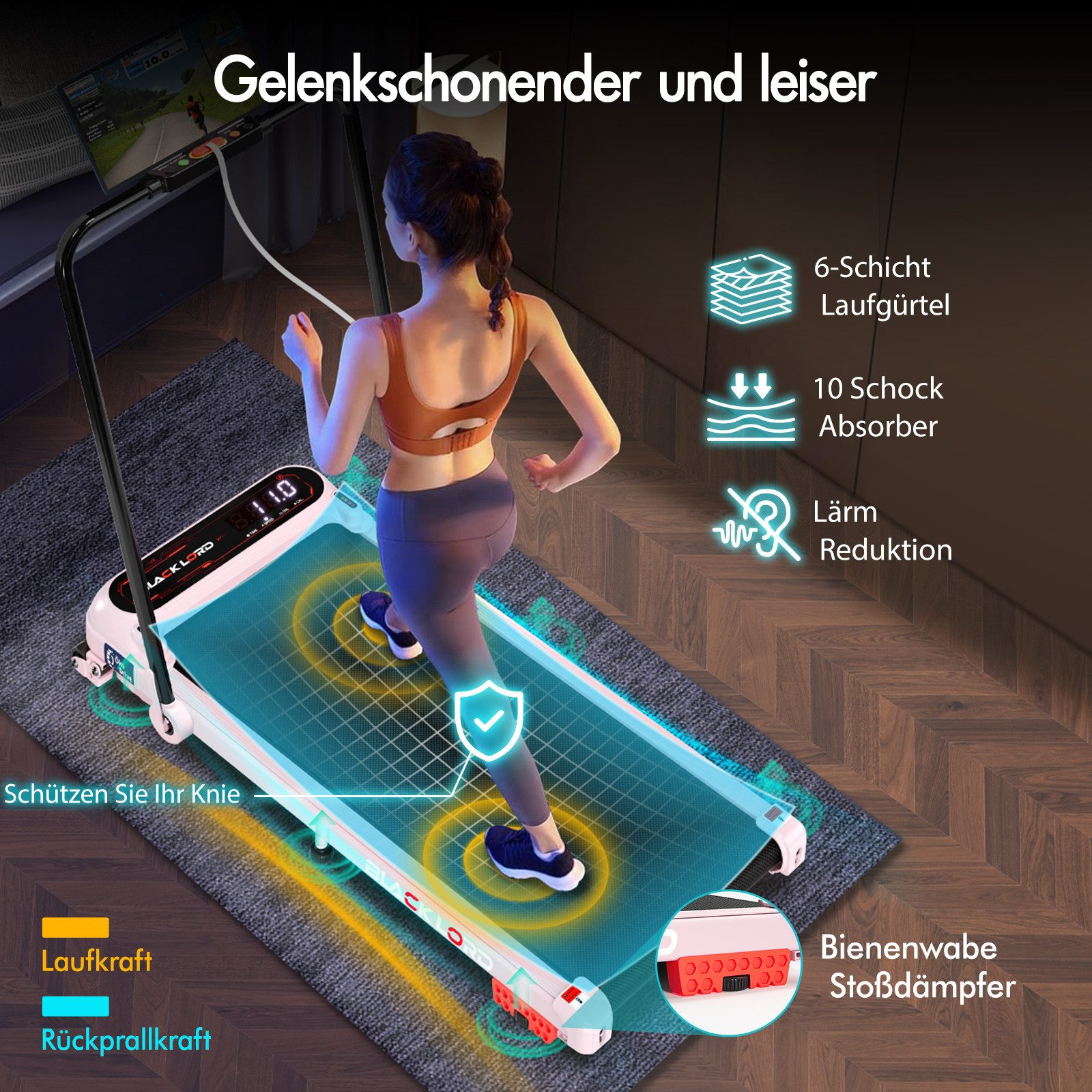 Eine Frau läuft auf einem Laufband. Das Laufband hat eine digitale Anzeige und befindet sich auf einem gemusterten Teppich.