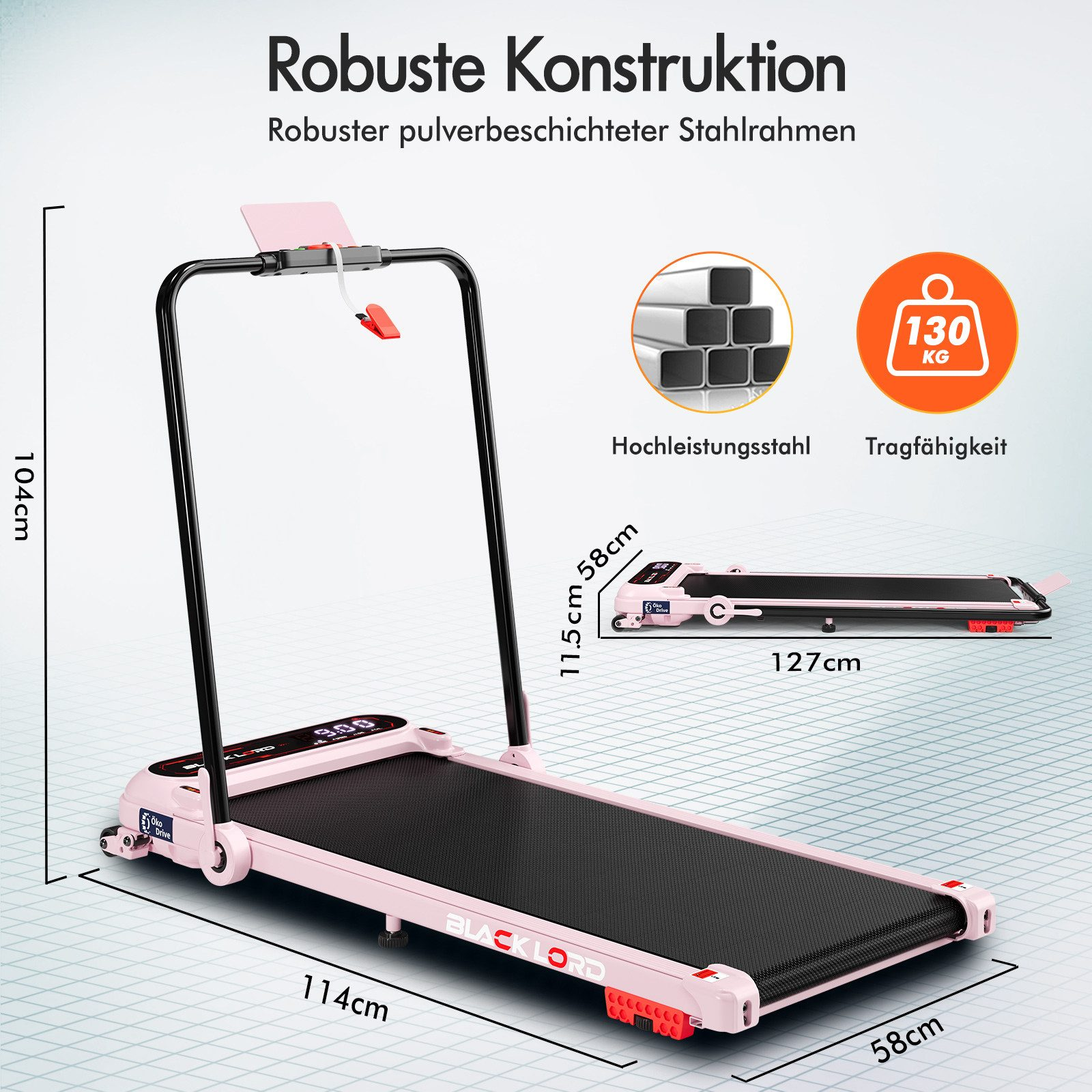 Ein rosa-schwarzes Laufband. Es hat ein Display und einen roten Clip. Es gibt auch Diagramme mit Abmessungen und Tragfähigkeit.