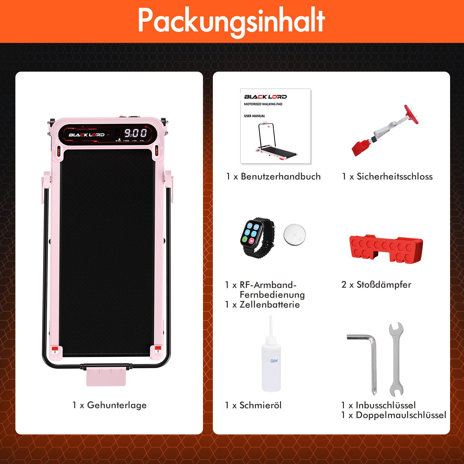 Das Bild zeigt Laufbandteile: Handbuch, Sicherheitsschloss, Fernbedienung, Batterie, Stoßdämpfer, Öl, Schlüssel. Pinkes Laufband links.