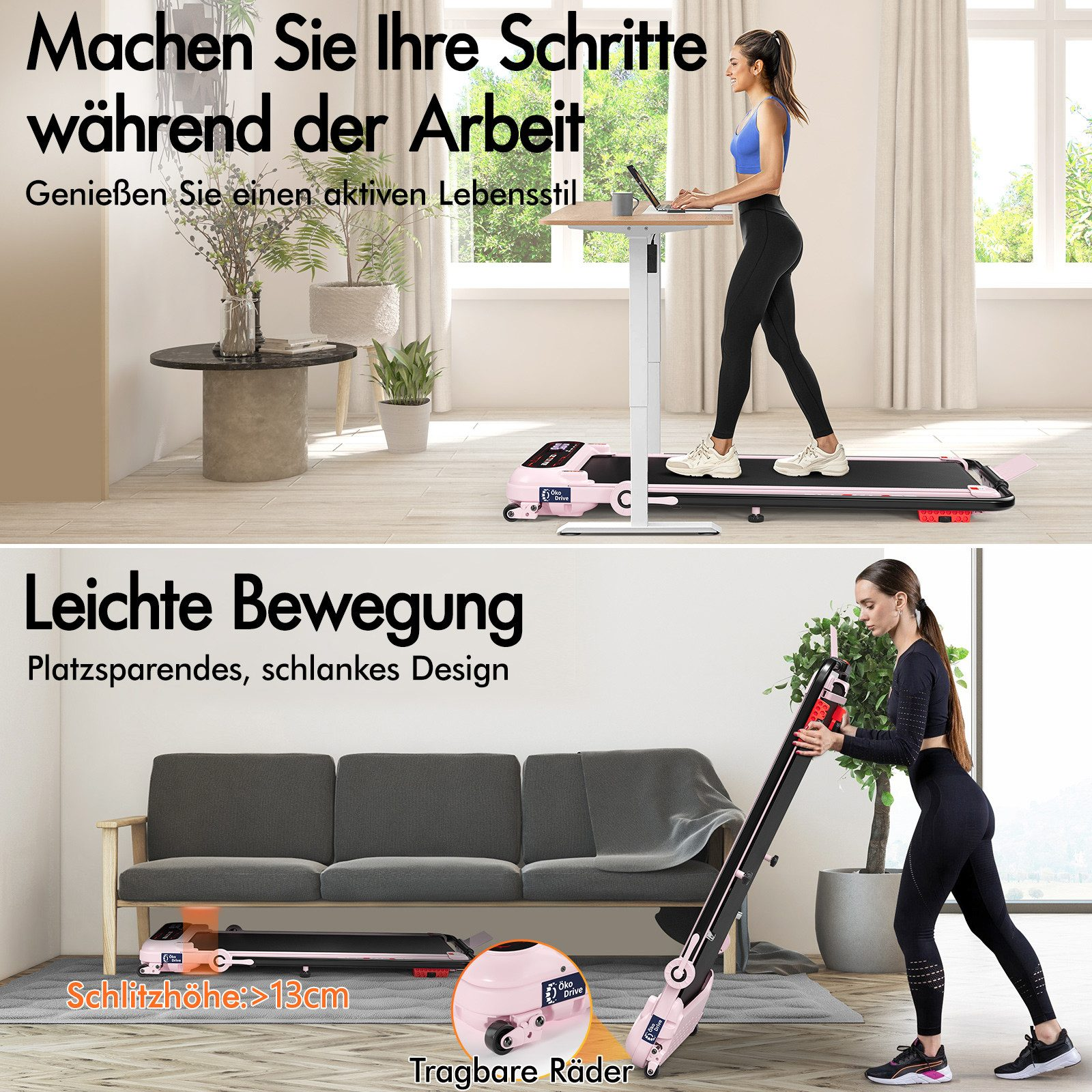Eine Frau benutzt einen Laufband-Schreibtisch. Eine andere faltet ein ähnliches Laufband. Rosa Laufband, schwarze Hose und ein Sofa sind sichtbar.