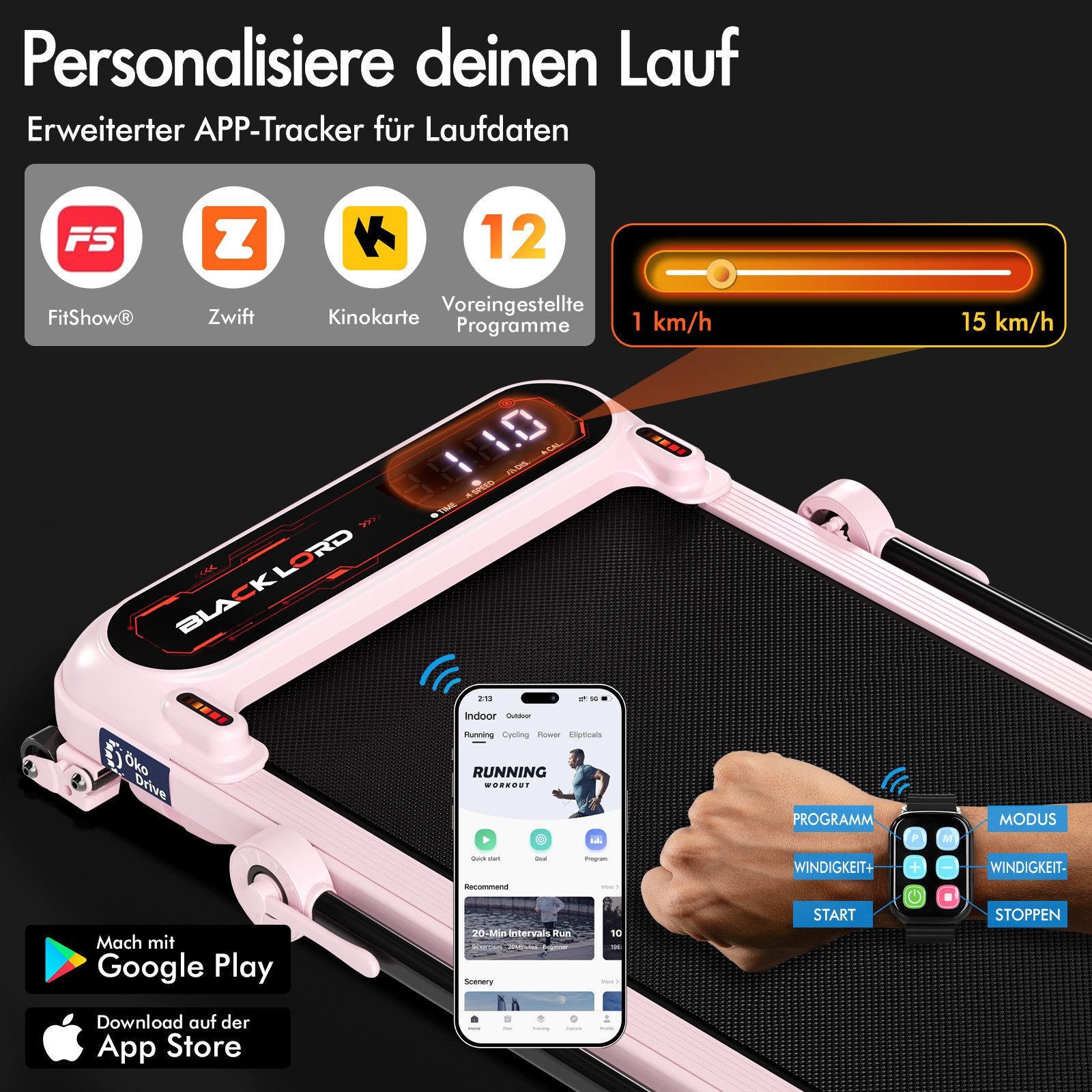 Ein Laufband mit digitaler Anzeige und die Hand einer Person, die eine Smartwatch hält, mit App-Symbolen im Hintergrund.