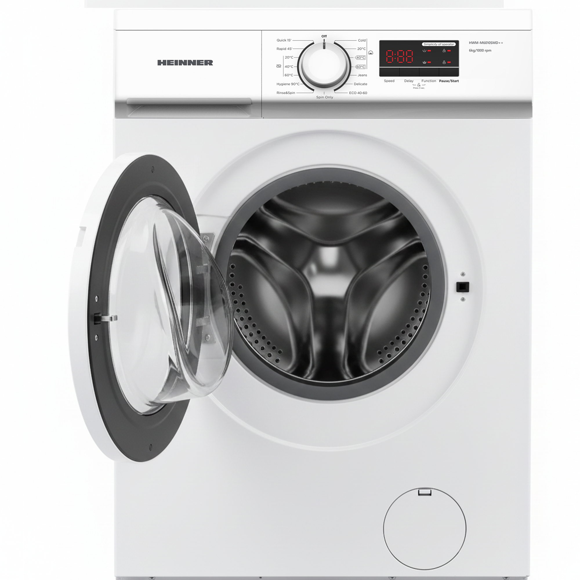 Un lave-linge blanc avec la porte ouverte, montrant le tambour. Panneau de contrôle en haut, marque HEINNER.