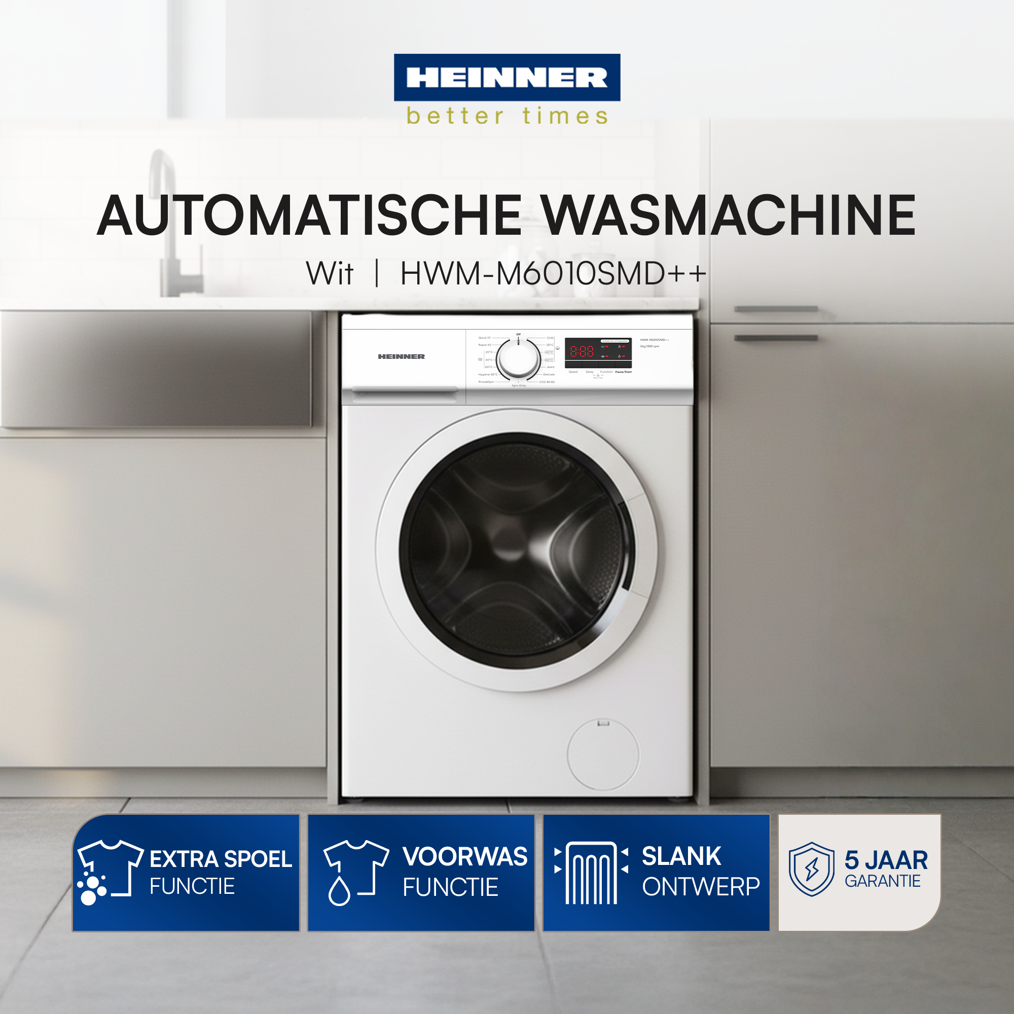 Un lave-linge blanc avec du texte et des icônes sur fond bleu. La marque est Heinner.