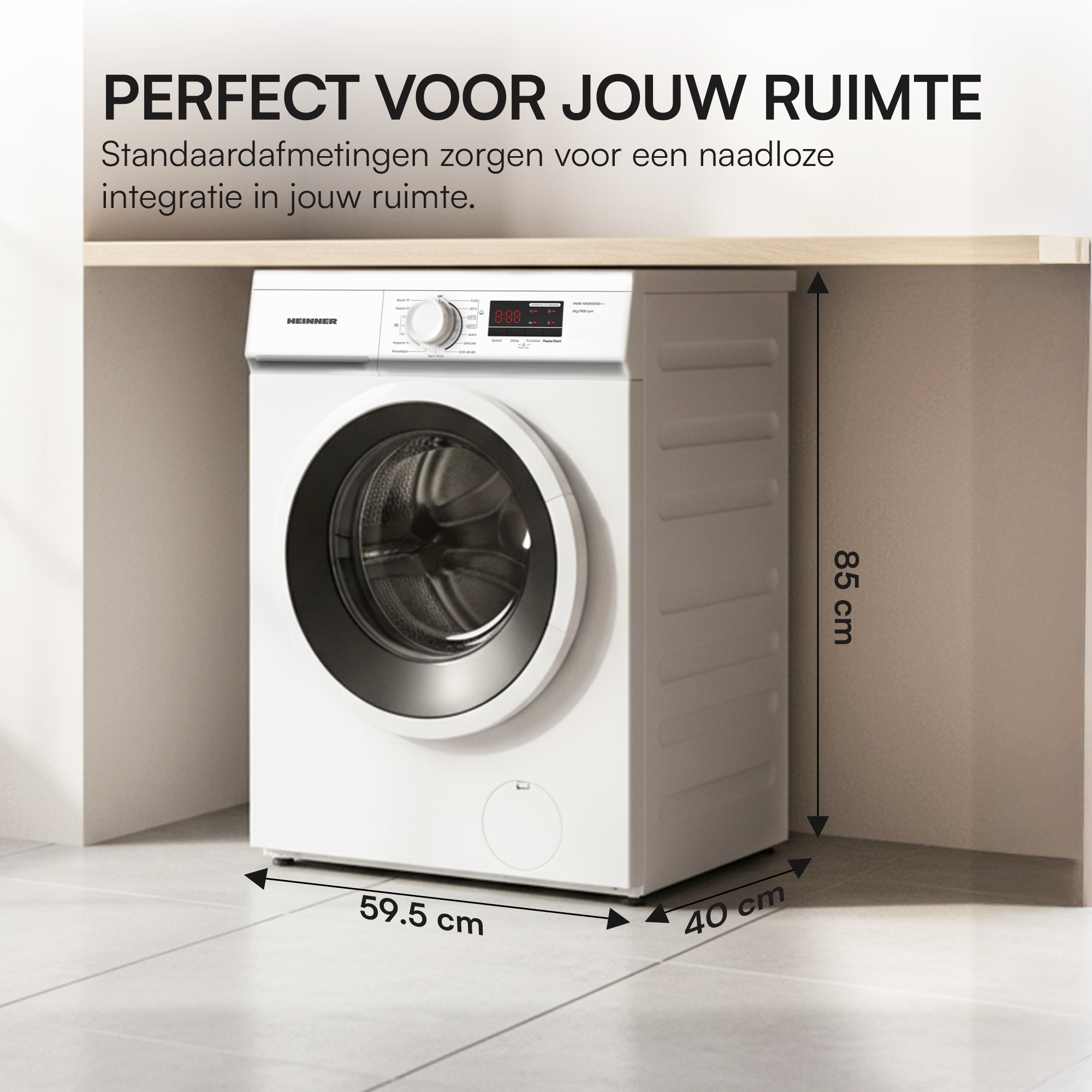 Un lave-linge blanc avec dimensions. Le texte dit 'Parfait pour votre espace'.