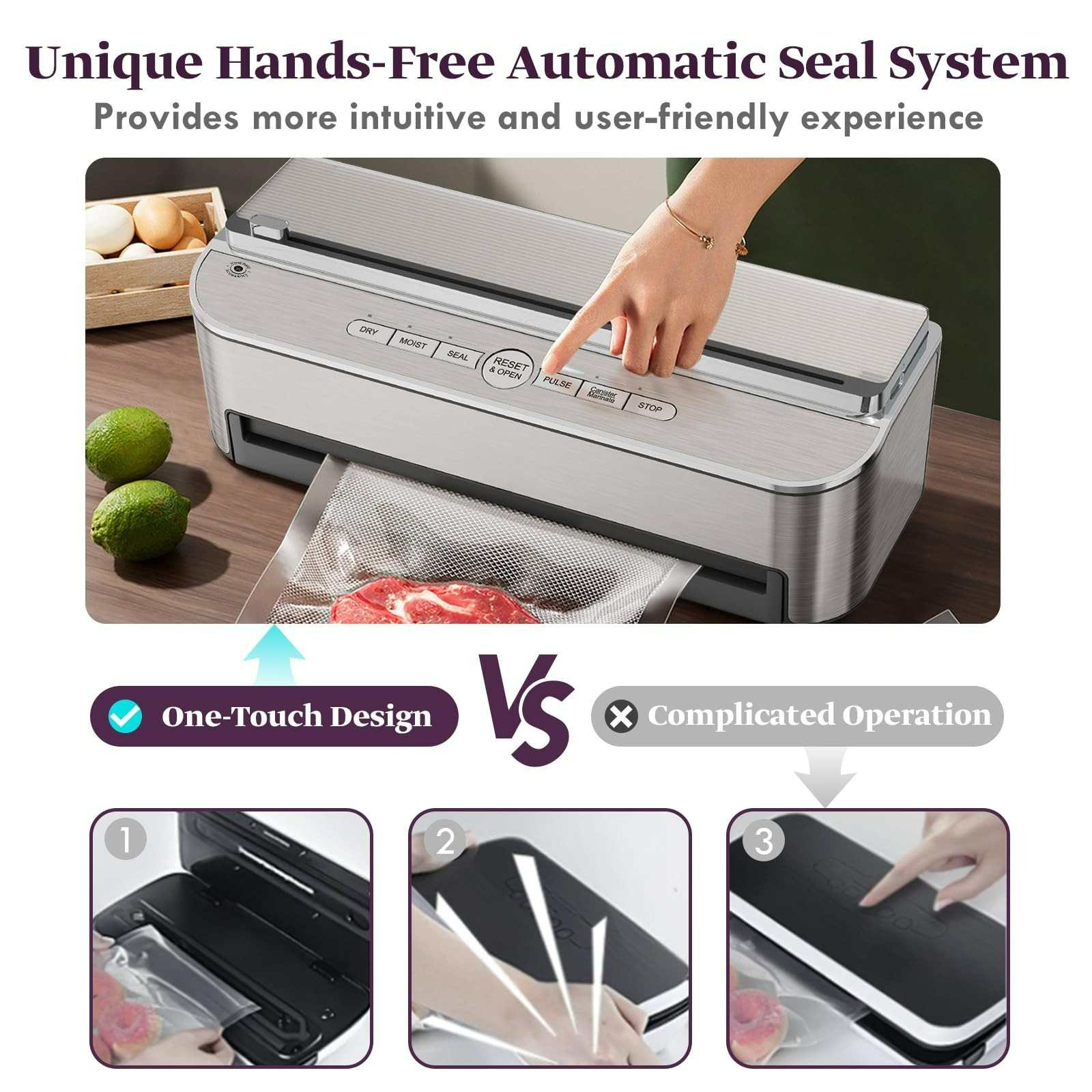 Silberner Vakuumierer mit einer Hand, die eine Taste drückt. Limetten und Eier sind sichtbar. Das Design ist One-Touch.