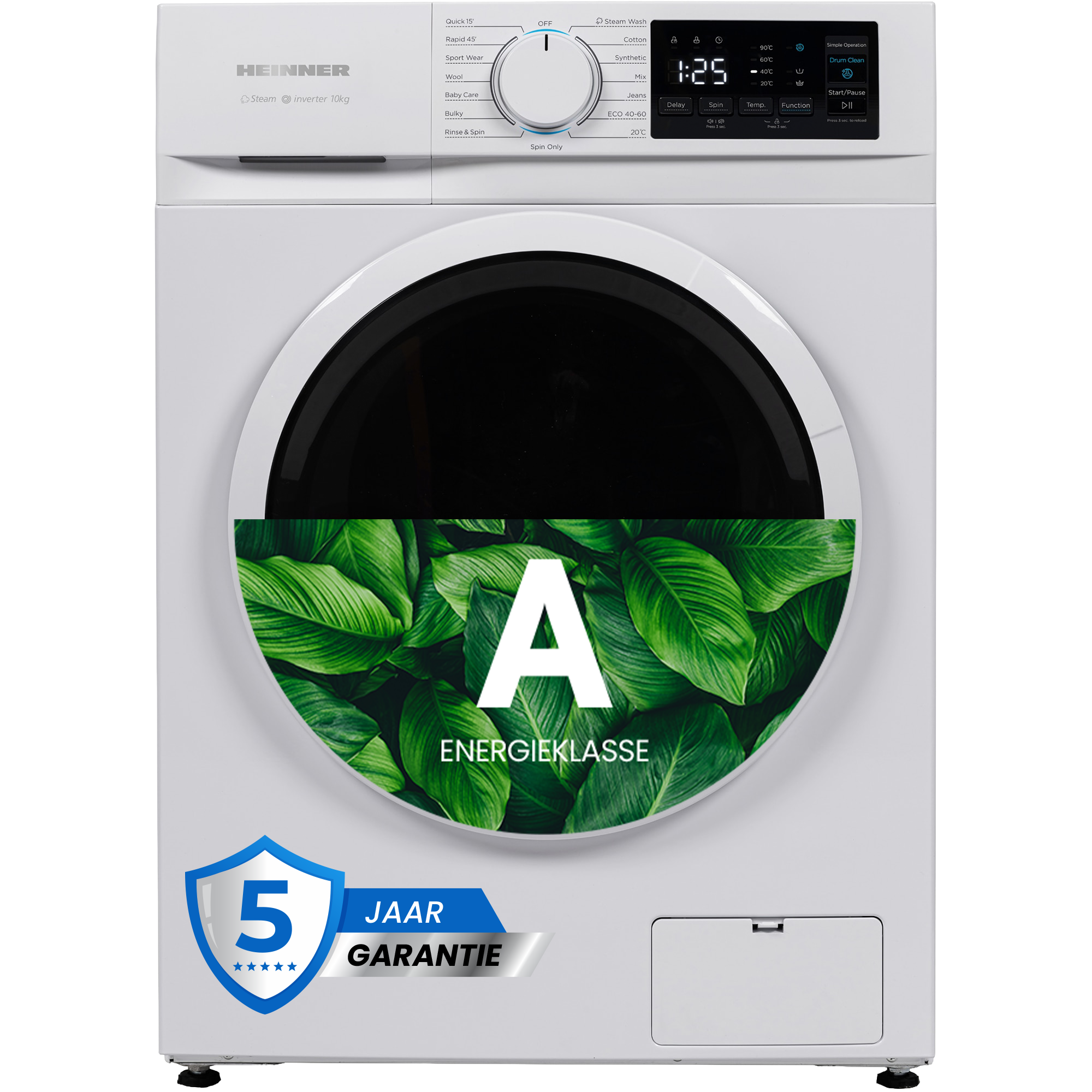 Eine weiße Waschmaschine mit schwarzer Tür. Sie hat ein A-Energielabel und 5 Jahre Garantie.