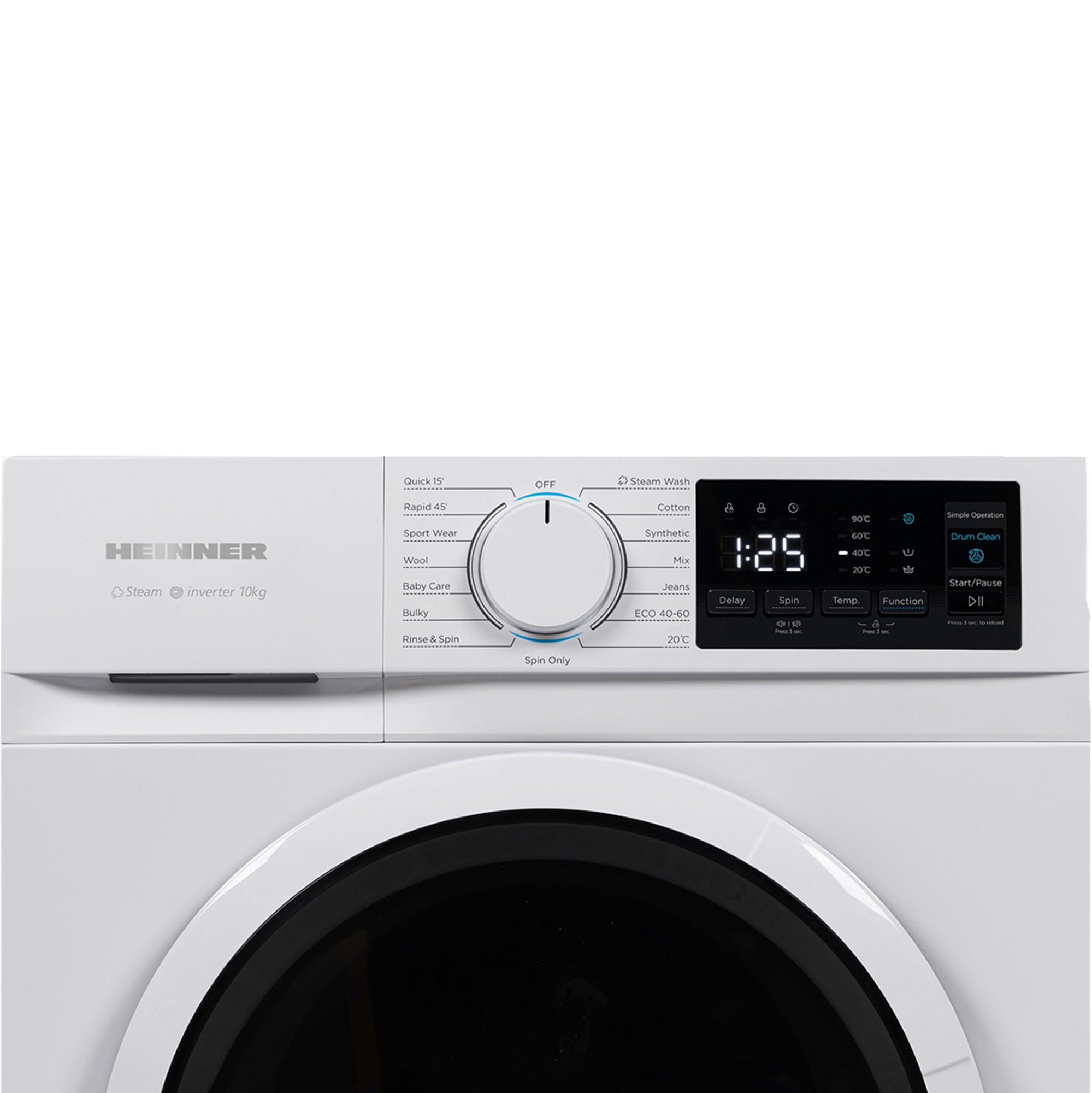 Eine weiße Waschmaschine mit Bedienfeld und rundem Drehregler. Es zeigt eine Digitalanzeige mit der Zeit 1:25.