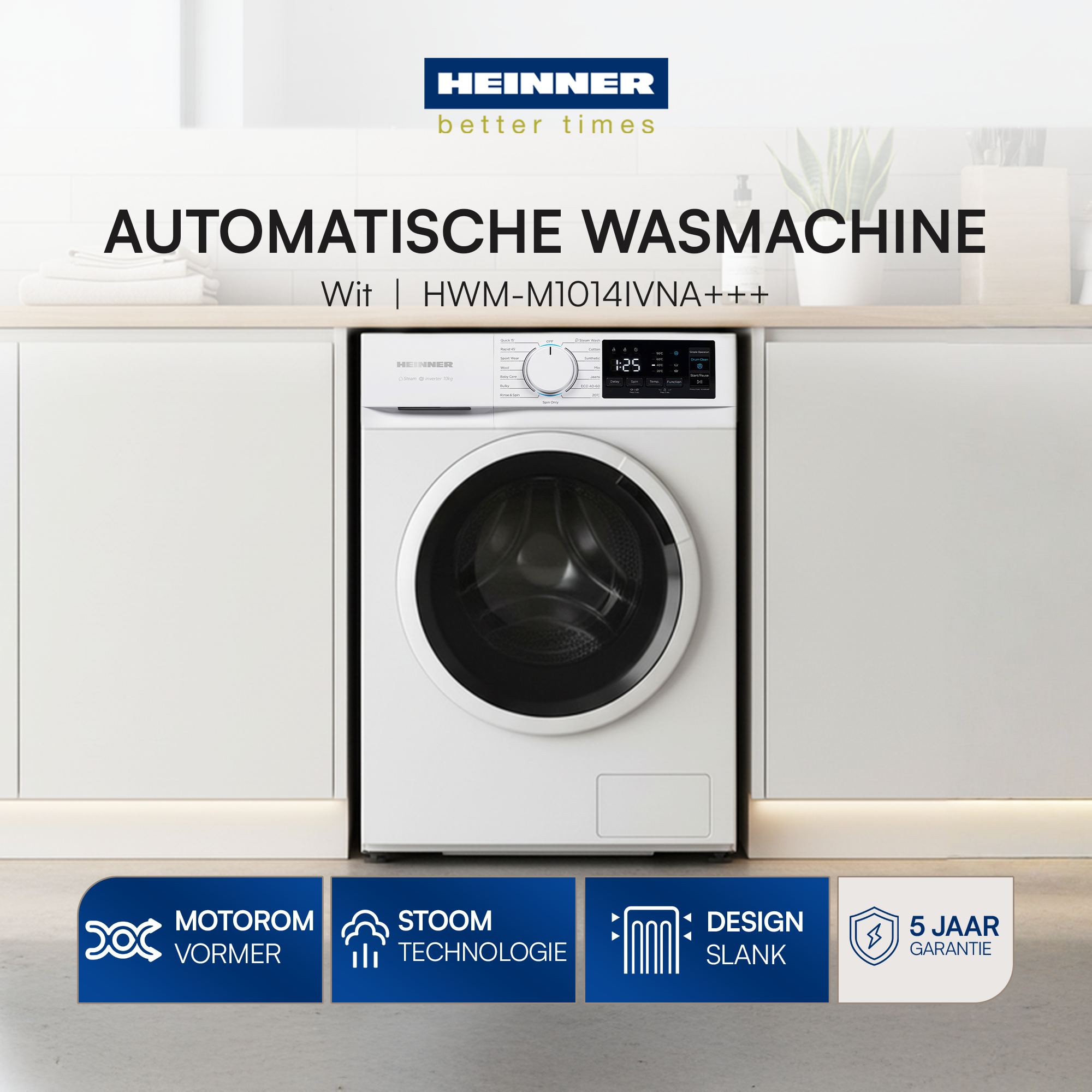 Eine weiße Waschmaschine mit schwarzer Tür. Text lautet 'AUTOMATISCHE WASMACHINE'. Darunter Merkmale.