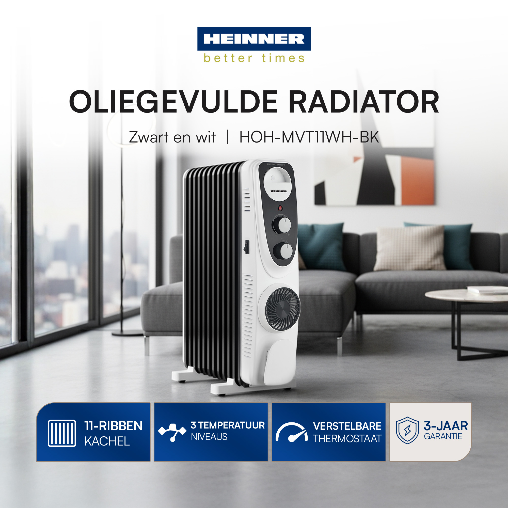 Een zwart-witte oliegevulde radiator in een woonkamer. Het heeft 11 ribben, 3 temperatuurniveaus en een thermostaat.
