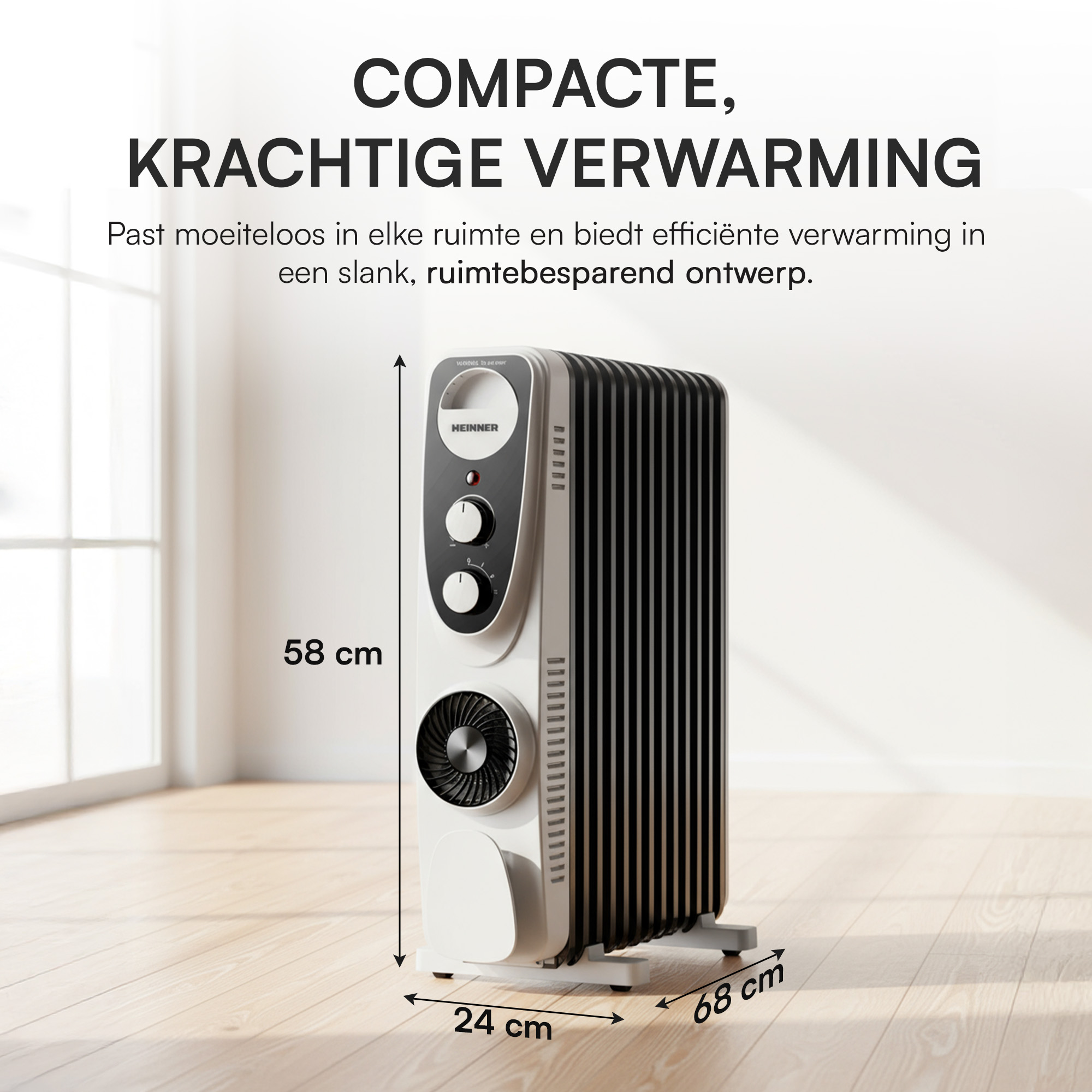 Een wit en zwarte verwarming staat op houten vloer. Het heeft gemarkeerde afmetingen. Tekst: COMPACTE, KRACHTIGE VERWARMING.