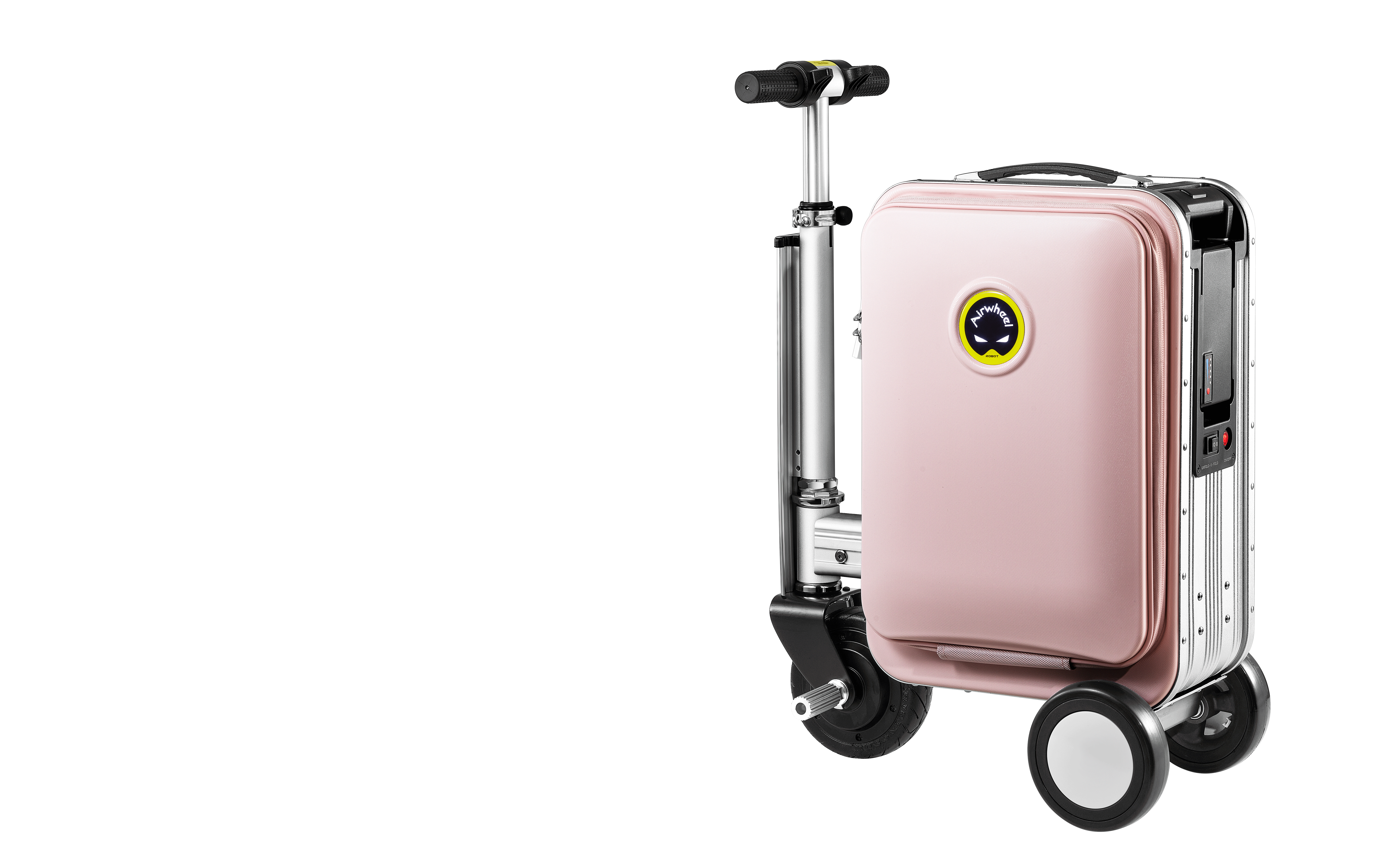 Tekerlekli ve scooter tutma kollu pembe bir bavul. 'Airwheel' logosu var ve siyah bir arka plan üzerinde.