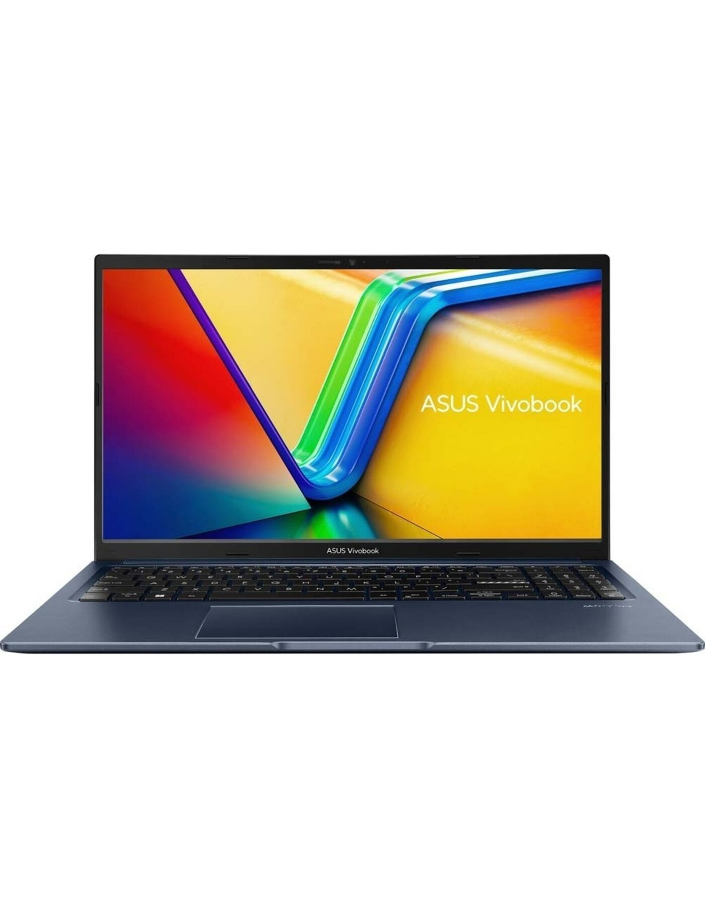 Mavi bir ASUS Vivobook dizüstü bilgisayar açık, renkli soyut bir görüntü gösteriyor. Klavye ve dokunmatik yüzey görünür.