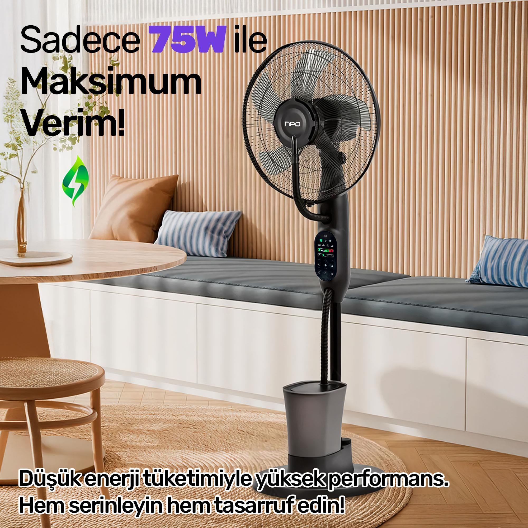 Dijital ekranlı siyah bir vantilatör odada duruyor. Enerji verimliliğini teşvik eden metin üstte ve altta.