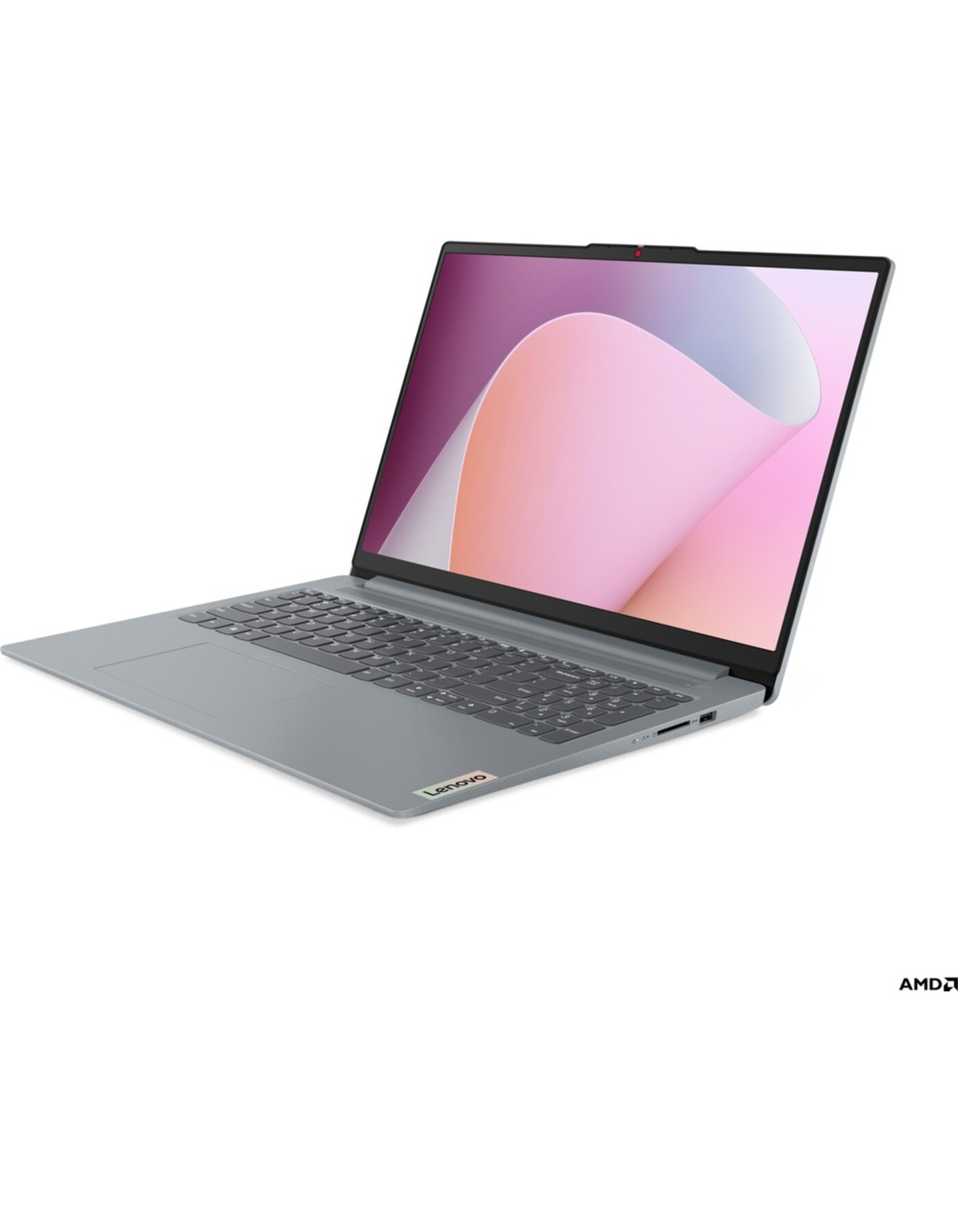 Gri bir Lenovo dizüstü bilgisayar açık, pembe ve mor soyut bir arka plan gösteriyor. Klavye ve dokunmatik yüzey görünür.