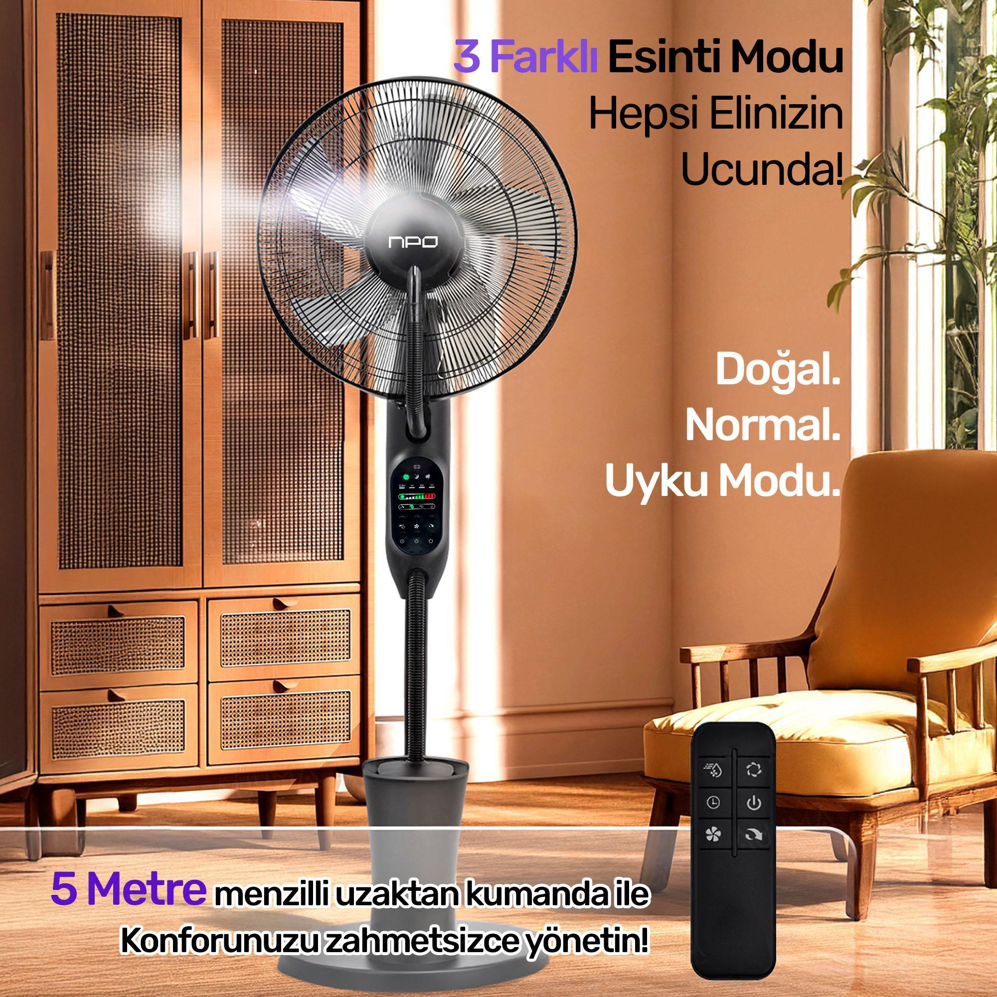 Odanın içinde uzaktan kumandalı siyah bir fan. Solda dolap, sağda sandalye. Metin: 3 rüzgar modu, doğal, normal, uyku.