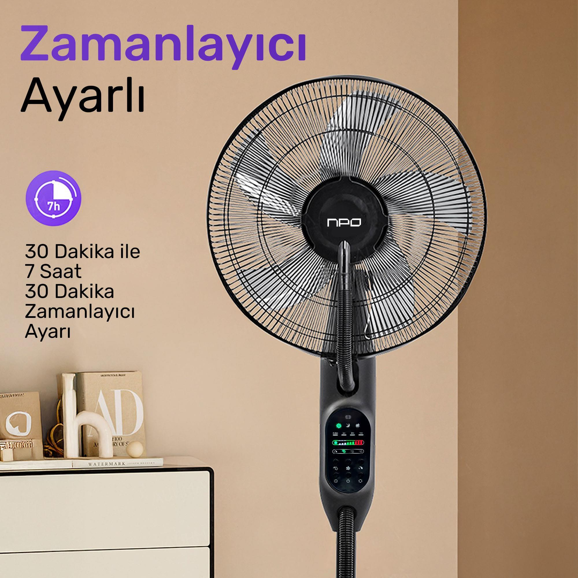 Ortada zamanlayıcılı siyah bir fan var. Türkçe metin ayarlanabilir zamanlayıcı diyor. Kitaplar ve beyaz bir dolap görünüyor.