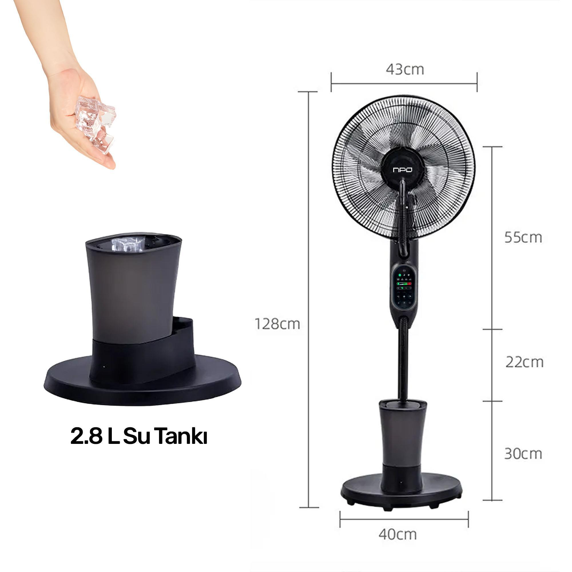 Bir el, bir vantilatörün ve bir su deposunun üzerinde buz küpleri tutuyor. Vantilatör siyah ve boyutları etiketlenmiş.
