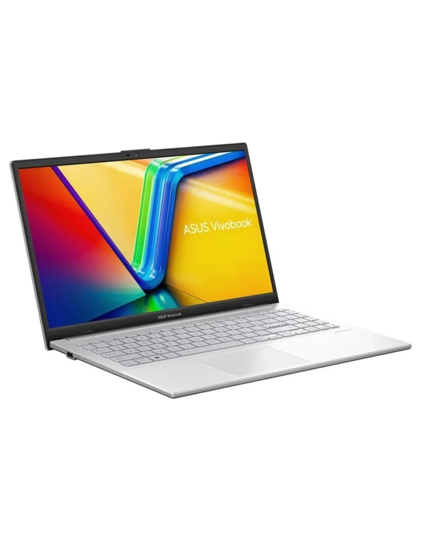 Gümüş dizüstü bilgisayar, açık, ASUS Vivobook logosu ile renkli bir ekran görüntülüyor. Arka plan beyaz.