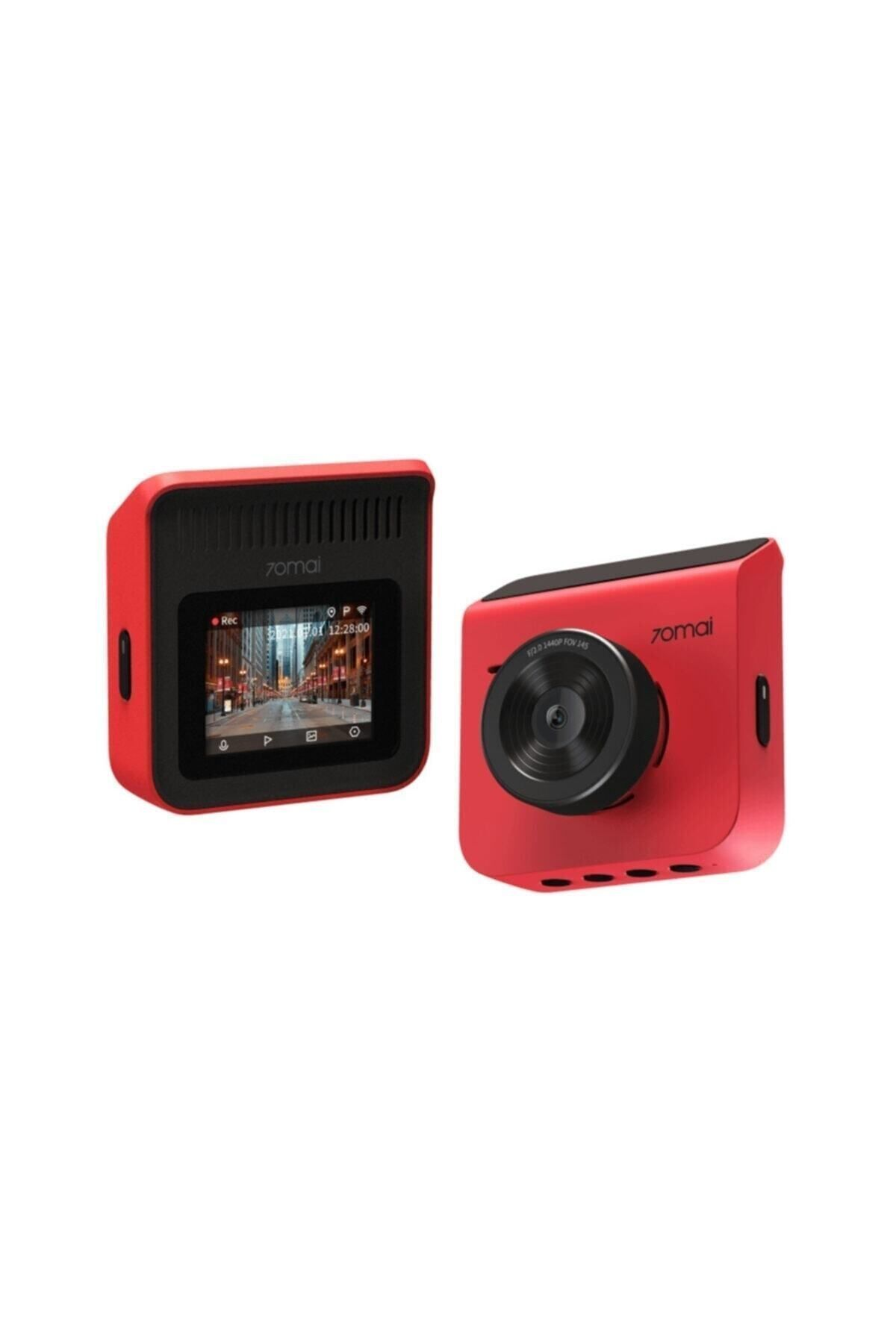Due dash cam rosse 70mai. Una ha uno schermo che mostra una scena stradale. L'altra ha un obiettivo.