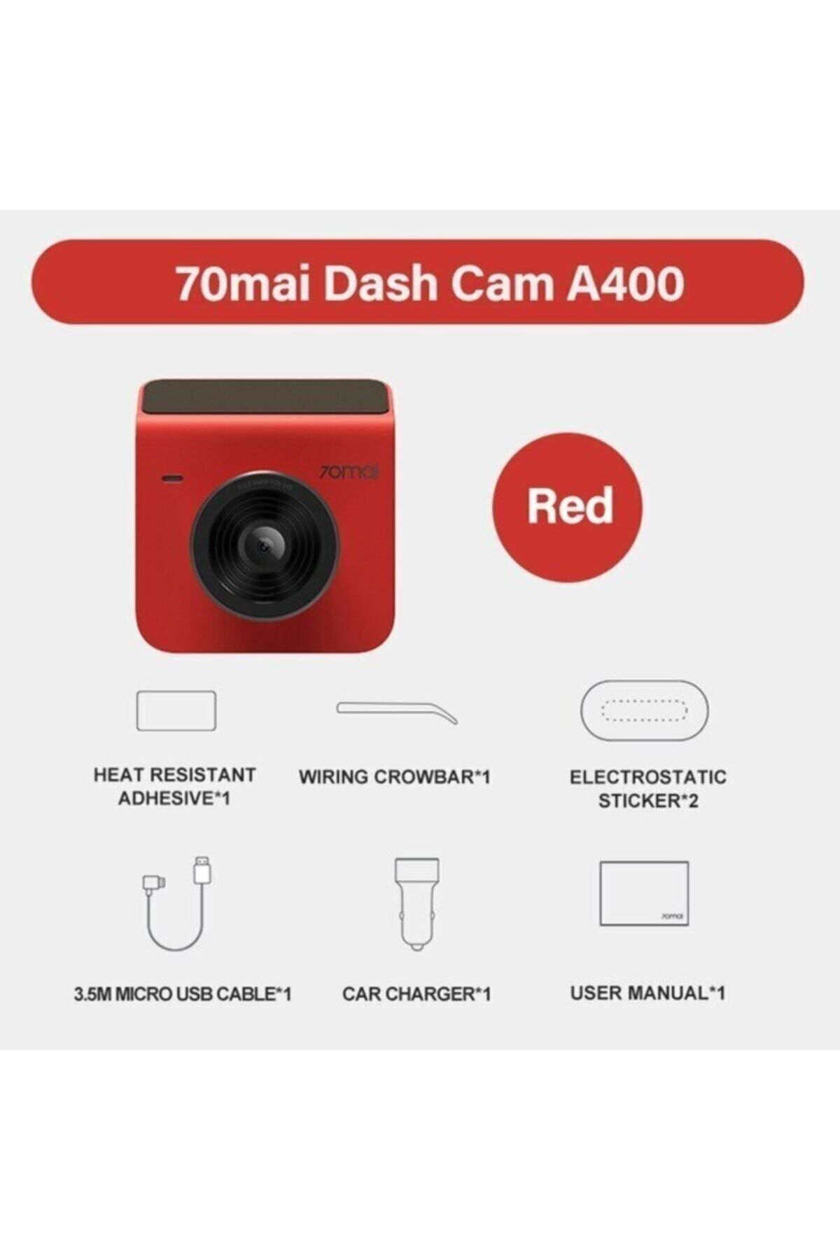 Dash Cam 70mai A400 rossa con accessori: adesivo, leva, adesivo, cavo, caricatore e manuale.