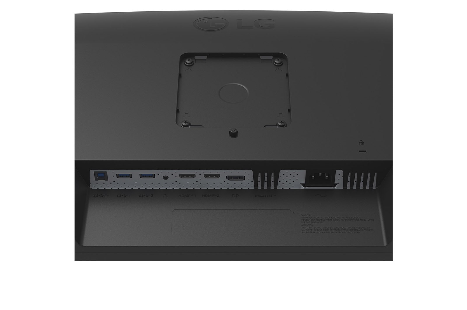 Widok z tyłu czarnego monitora LG z różnymi portami: USB, HDMI, DP i zasilaniem. Logo LG znajduje się na górze.