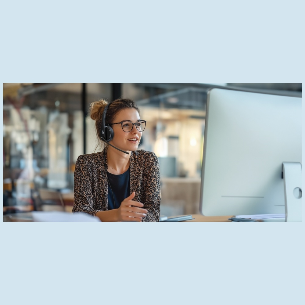 Eine Frau mit Brille und Headset blickt auf einen Computerbildschirm, möglicherweise in einem Callcenter. Sie gestikuliert mit den Händen.
